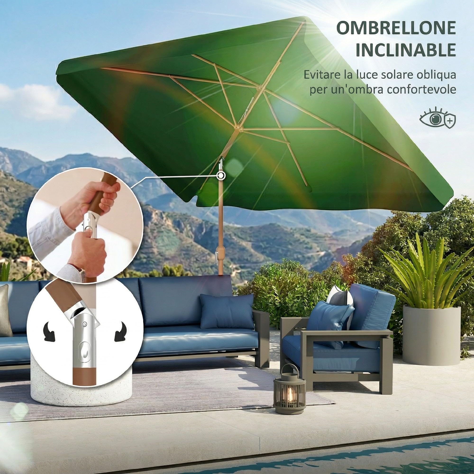Outsunny Ombrellone da Giardino 2x3 m Inclinabile con Apertura a Manovella, Presa d'Aria e Bordo a Balze, Ombrellone da Esterno Rettangolare Anti UV 50+ in Alluminio e Poliestere 180 g/㎡