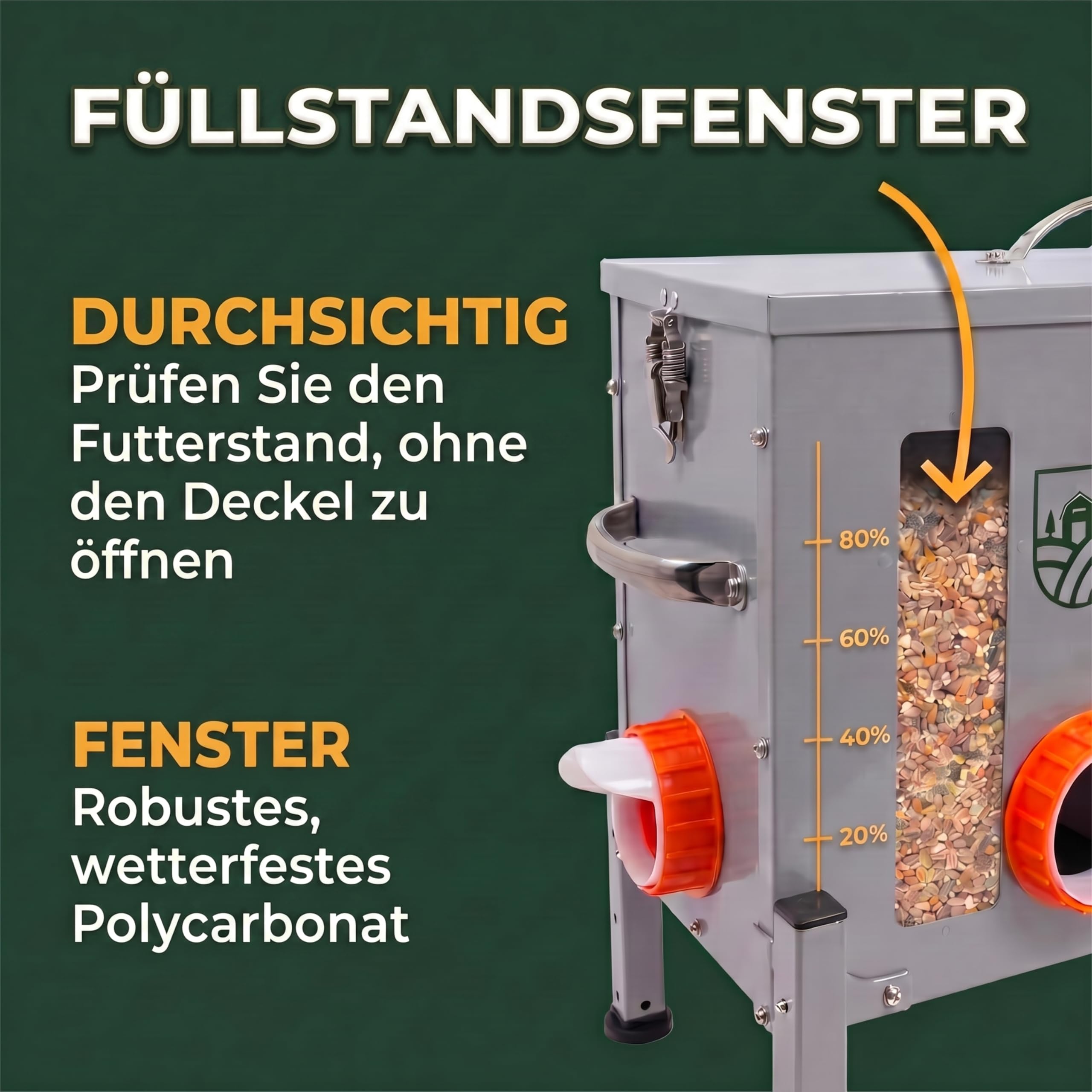 Dural's® Futterautomat Hühner Rattensicher 18 kg – Großer Hühner Futterspender & Futtertrog aus verzinktem Stahl, 6 Futteröffnungen & Füllstandsfenster – Geflügel, höhenverstellbare Beine