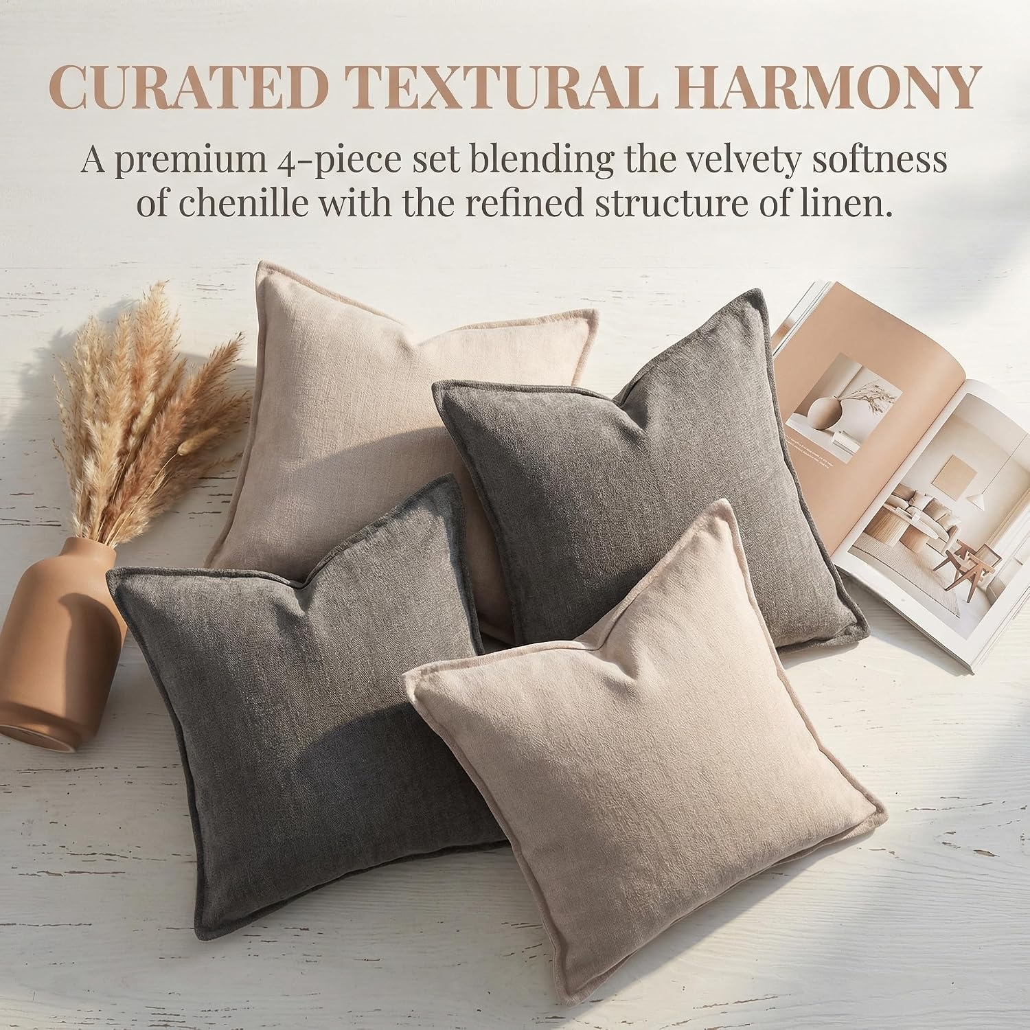 BOYSUM 18x18 Inches Throw Pillow Covers Set of 4 Soft Textured Chenille Decorative Cushion Cases for Couch Sofa Bed Modern Farmhouse Neutral Accent Covers with Hidden Zipper Beige Coffee