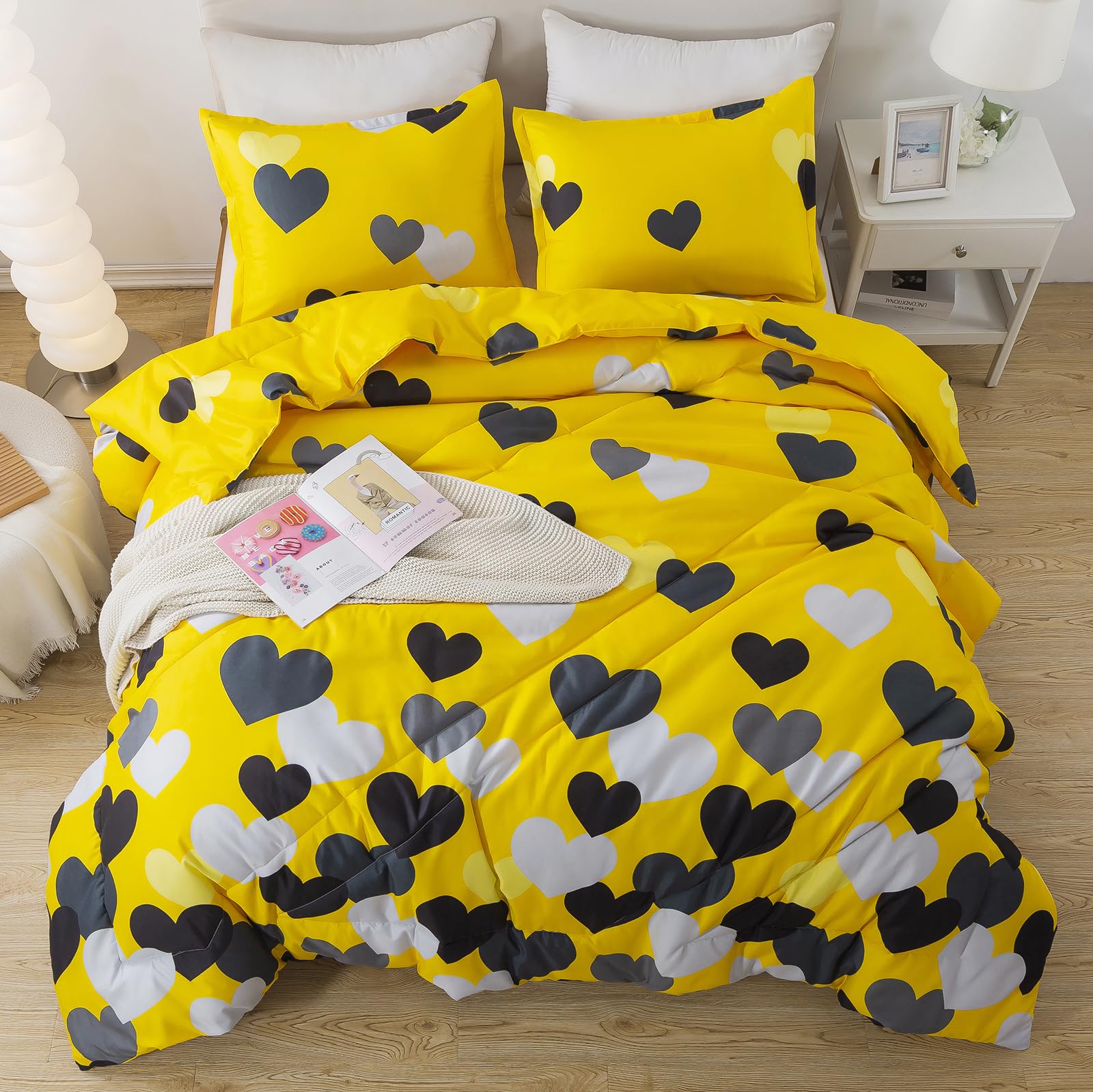 Caressma Twin Size Comforter Set for Boys Farmhouse Yellow Bedding Set with Black Heart All Season Fluffy Soft Lightweight(1 Comforter & 1 Pillowshams