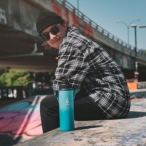 Miniatura 6 de Farsea Botella de agua aislada con mango de paracaídas, funda protectora de silicona y 2 tapas (tapa de popote y tapa de boquilla), botella de agua