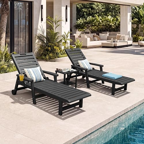 Patio Lounge Chairs Set of 2, Patio Chaise Lounges with Adjustable 5-Position Recliner and Full Flat Tanning Chair for Patio, Beach, Pool, Backyard (Black with Wheels)