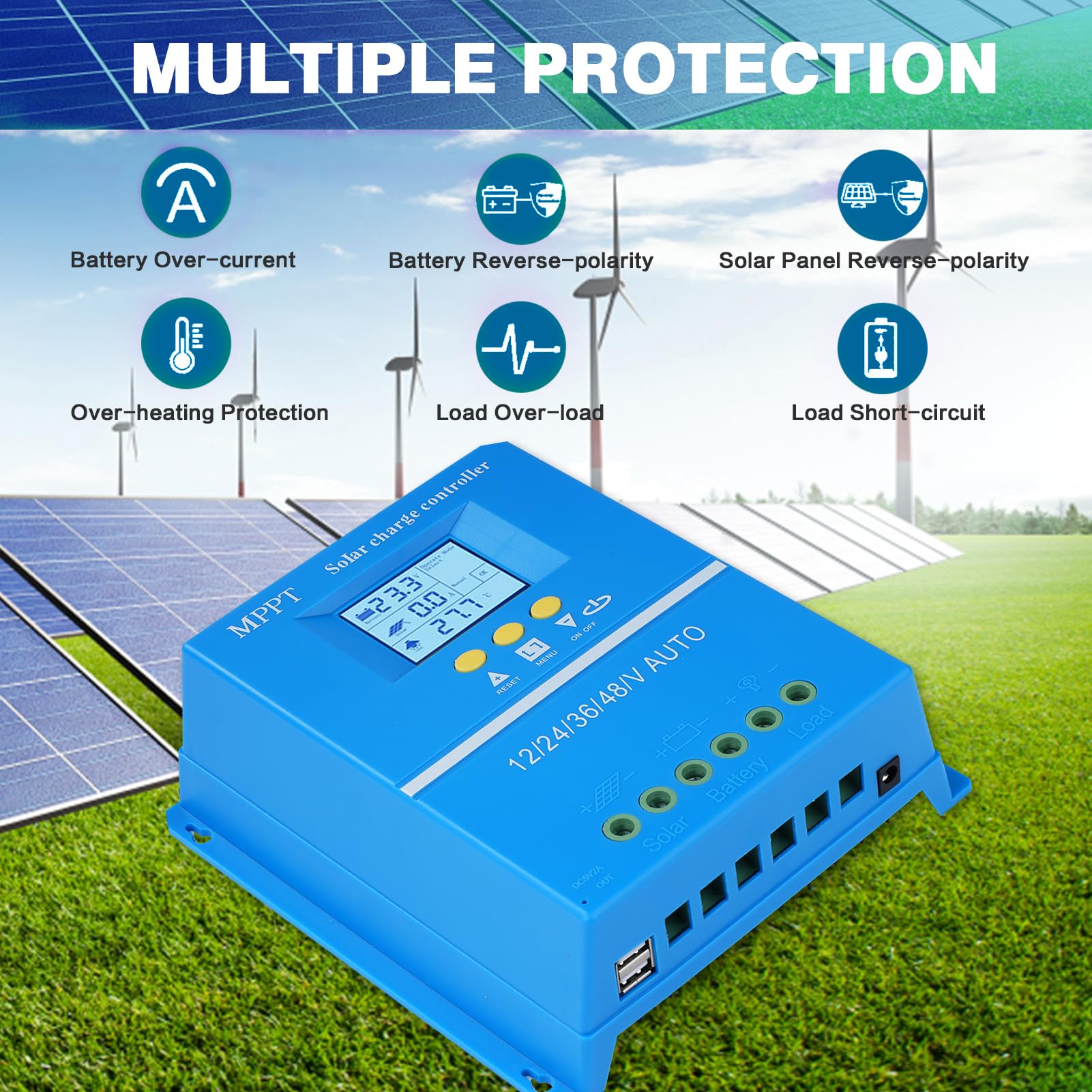 Buyweek MPPT Regulador de Carga Solar 12/24/36/48V Controlador de Carga Solar 12V Inteligente Regulador Solar con dual USB e pantalla LCD, para plomo ácido/litio, Máx 100V