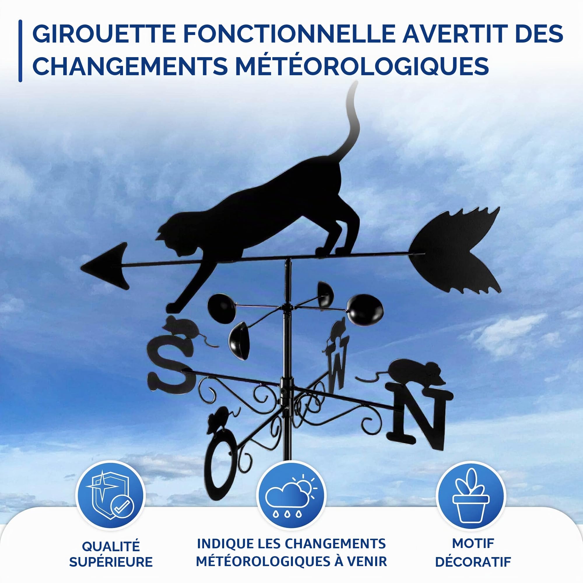 Maximex Girouette Chat, Métal verni, 50 x 170 x 40 cm, Noir