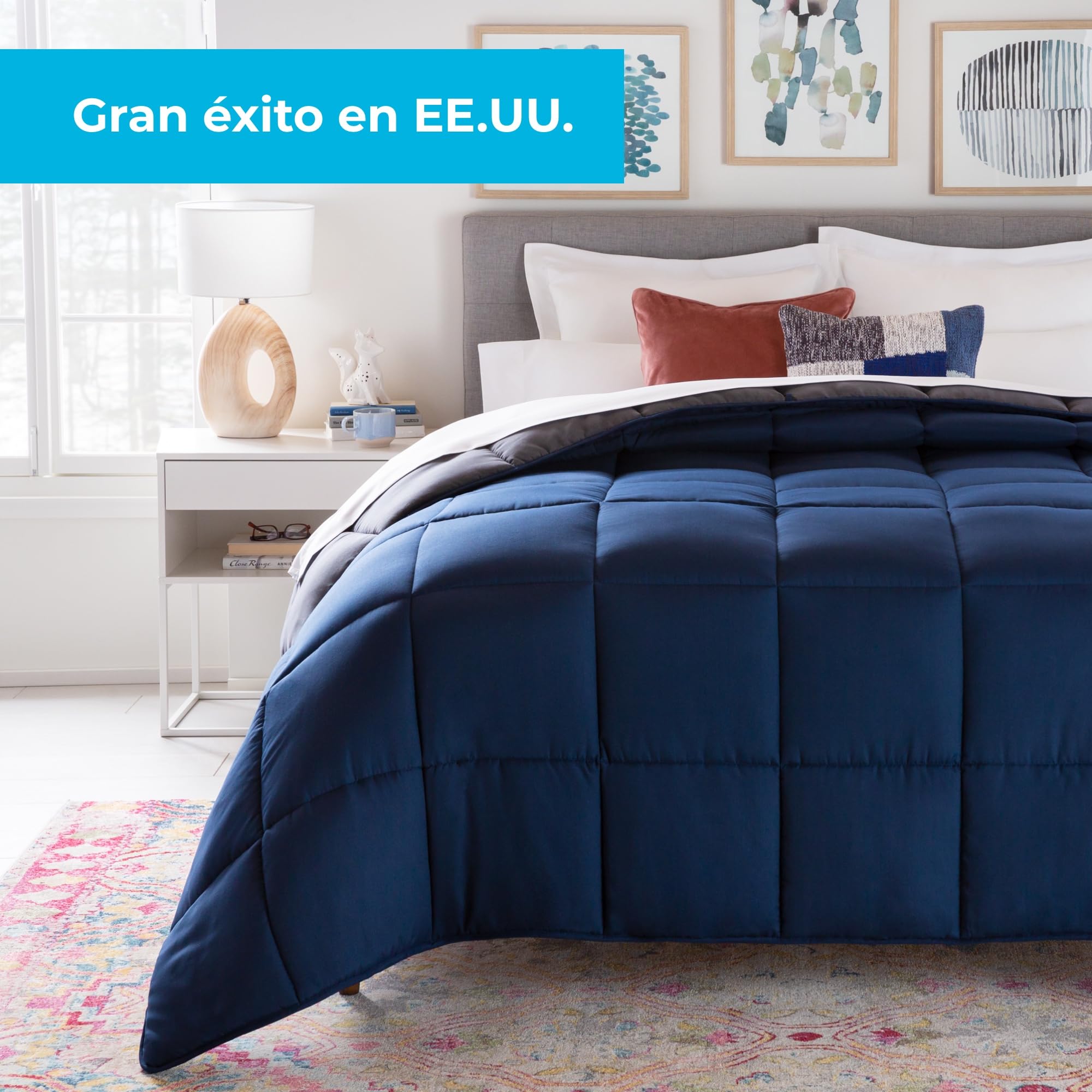Linenspa Edredón nórdico de microfibra – relleno nórdico 4 estaciones – ultra suave – Edredon Cama 90 (155 x 220 cm), Azul Marino / Gris Oscuro