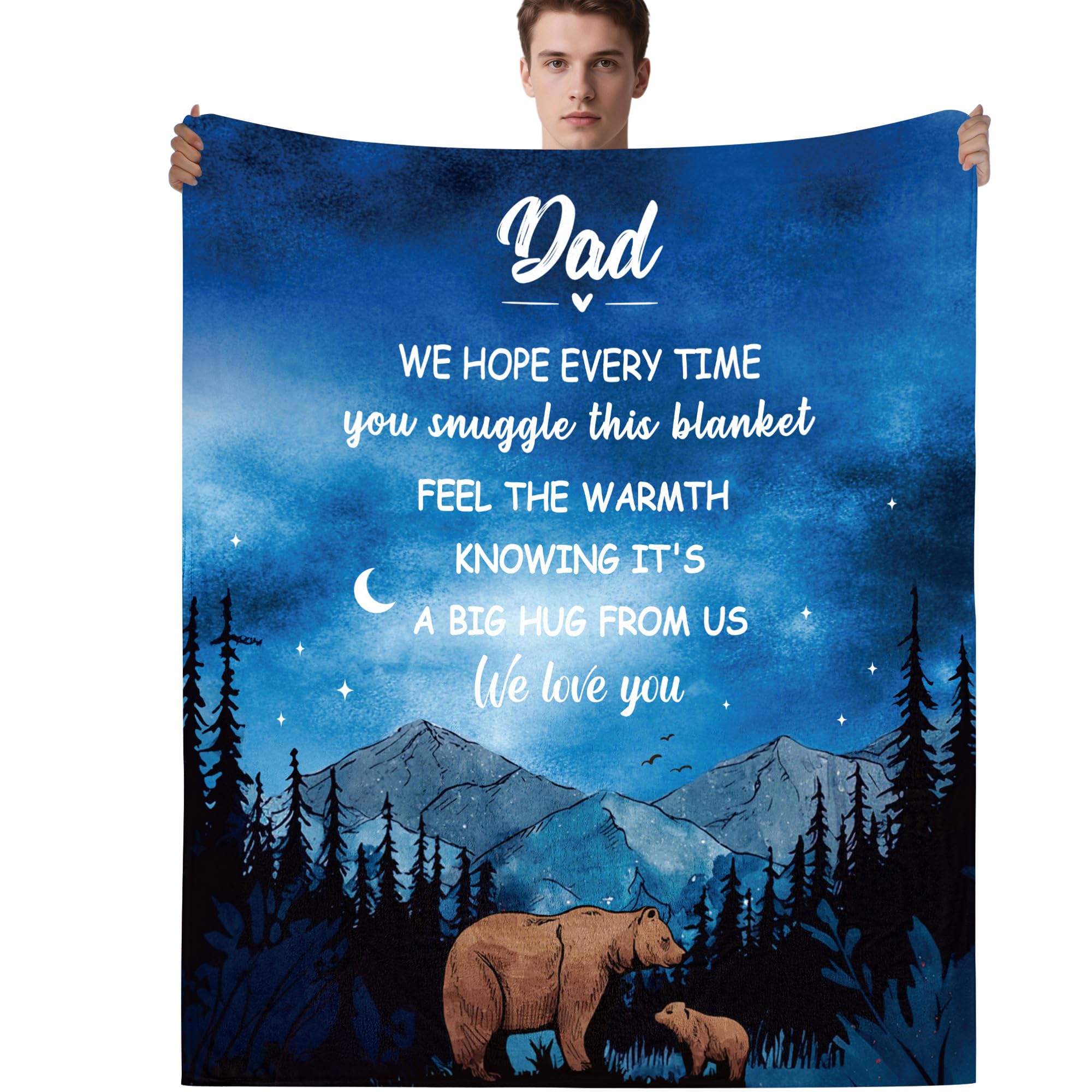 GalaVee Dad Gift Blanket from Daughter and Son, Deep Blue Flannel Fleece Throw with Bear and Forest Design, 60x50 Inches, Soft Cozy Bed Sofa Blanket, Father’s Birthday Day Gift for Dad