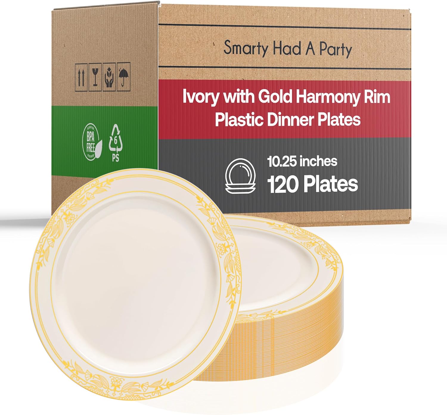 Smarty Had A Party Elegant Disposable Plastic Heavy Duty Dinnerware Sets, Fancy Design Plastic Plates, For Wedding, Birthday & All Occasions (Ivory with Gold, 10.25" Dinner Plates (120 Plates))