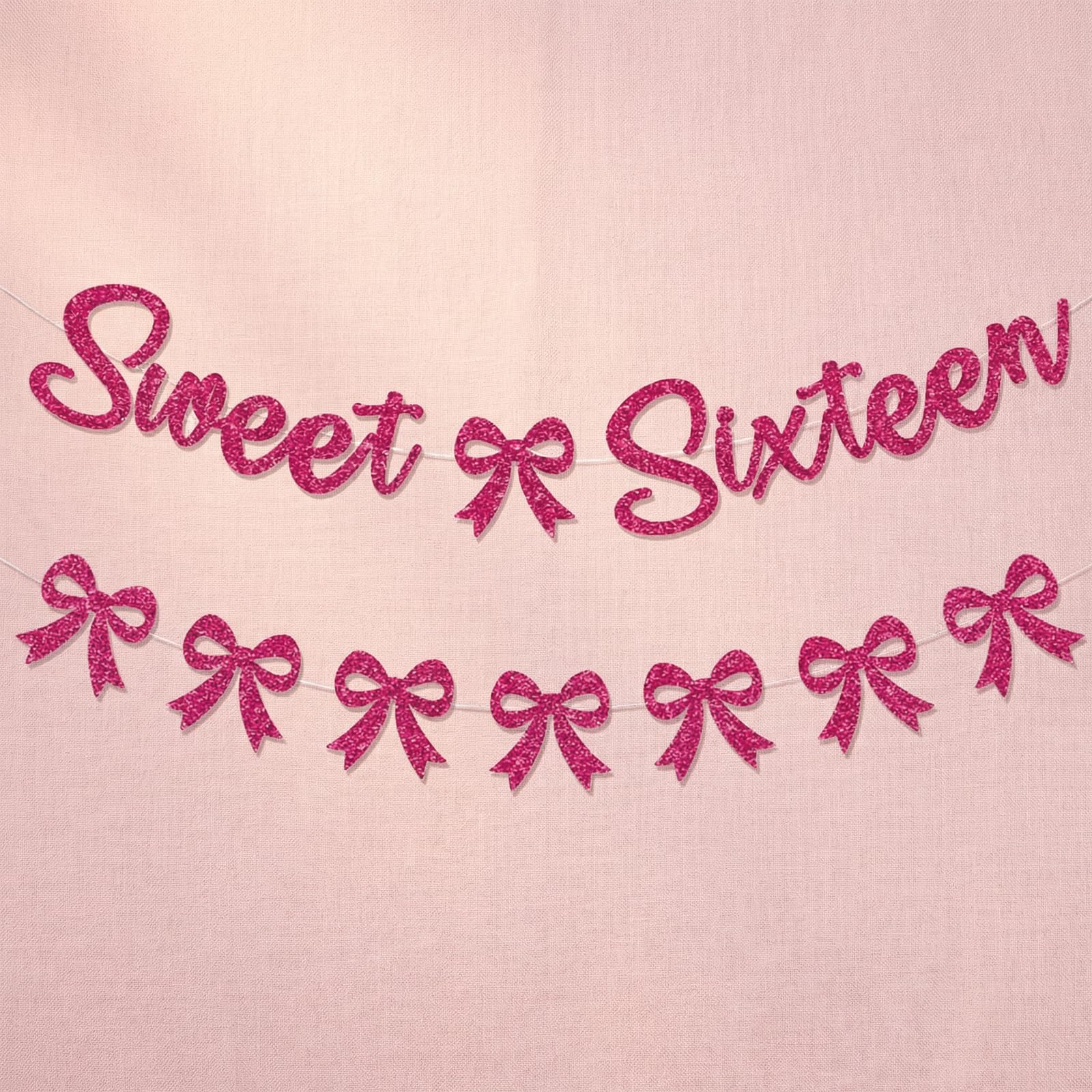 Sweet 16 Birthday Banner with 8 Bows - Glitter Party Decorations for Girls - Easy to Hang 16th Banner with Ribbons - Rose Red Sweet Sixteen Party Supplies