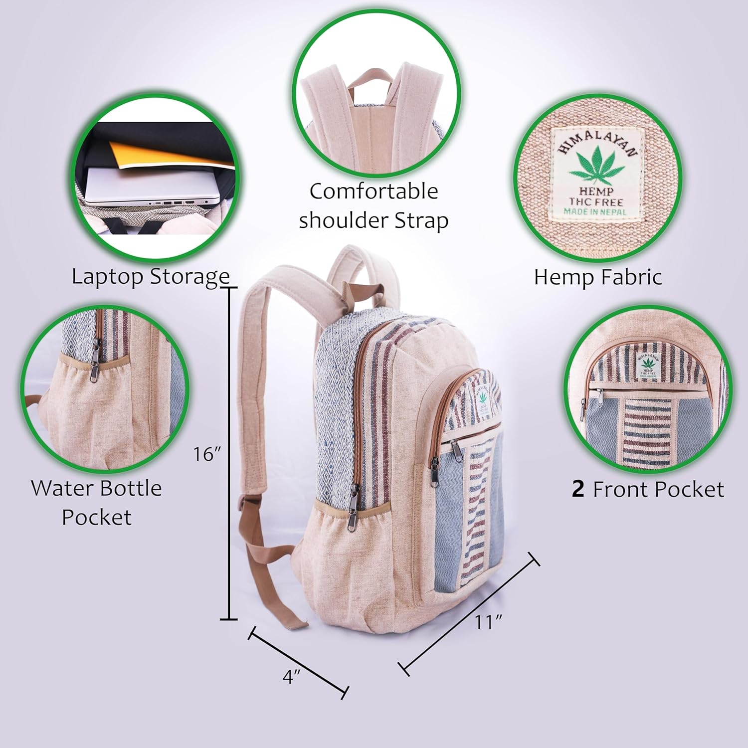 Anitya Hemp Backpack, Multi-Functional Pockets, Eco-Friendly, Unisex, Hiking Daypack, Durable Rucksack (AHLB07)