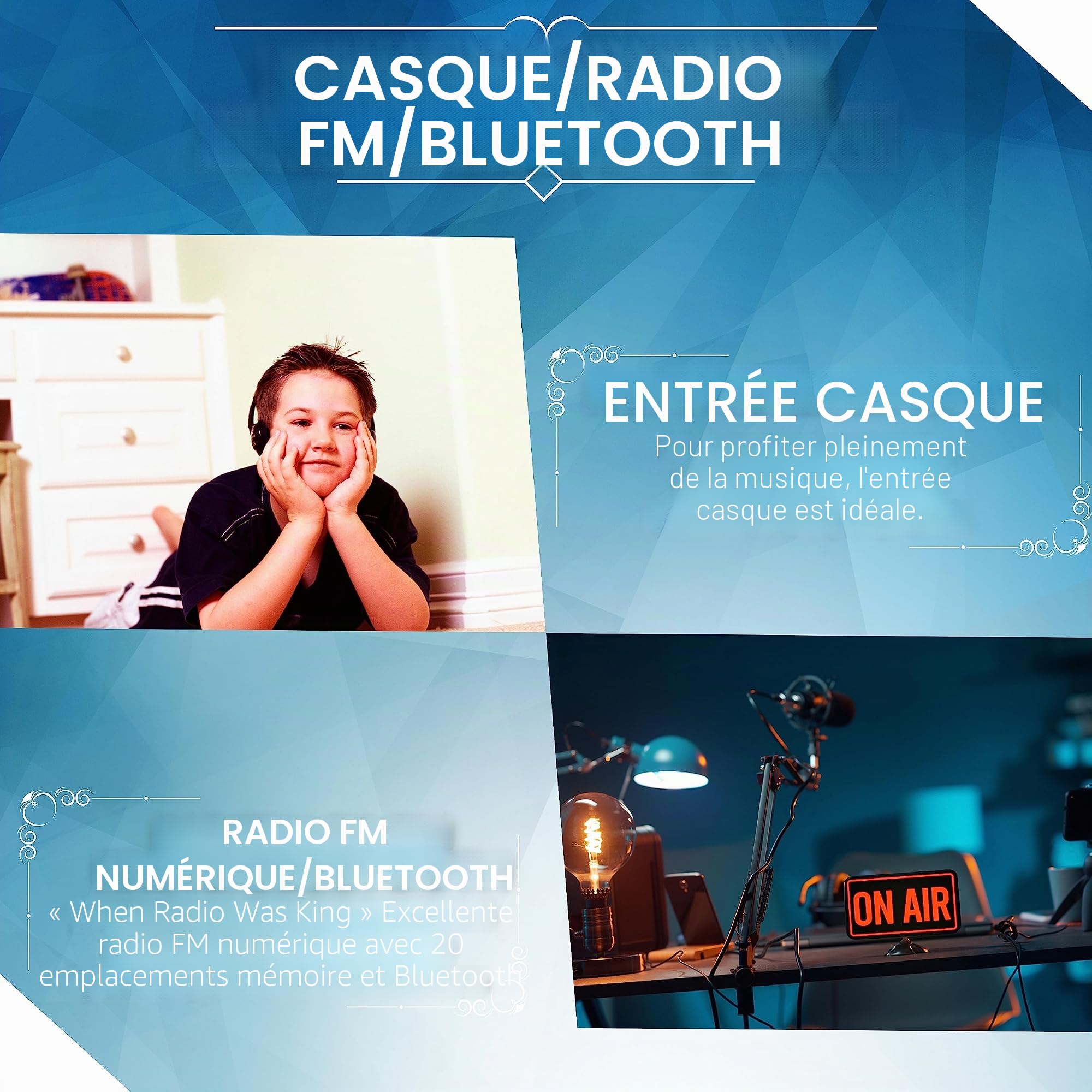 Lecteur CD/CD-R portable - Boombox - USB - Radio FM - Entrée AUX - Prise casque enfant - Chaîne stéréo - Système compact (Dark Blue)