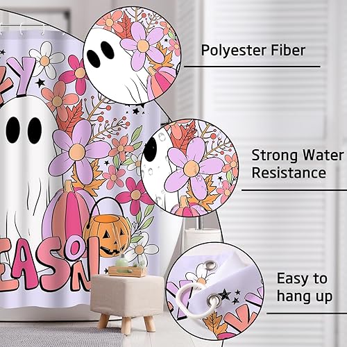 Miniatura 5 de Ticuenicoa Juego de 4 cortinas de ducha de Halloween con bonito diseño de fantasma, incluye cortina de ducha de 72 x 72 pulgadas, alfombras de baño,