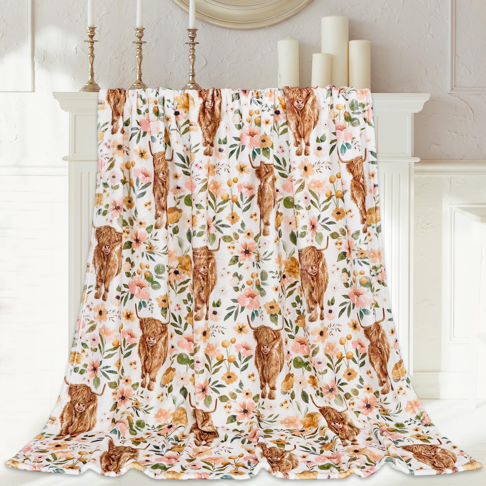 JarThenaAMCS Floral Highland Cow Fuzzy Flannel Blanket 60 x 50 Inch Farmhouse Throw Blanket Watercolor Flower Cow Blankets for Home Chair Sofa Couch Bed