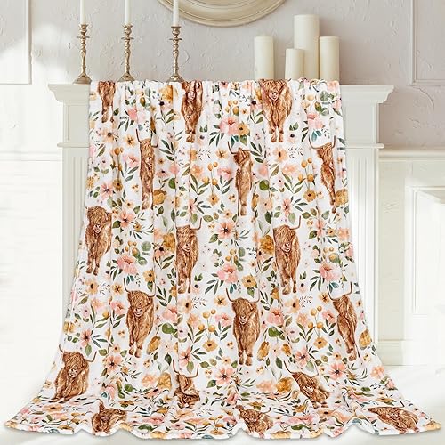 Manta de franela mullida de vaca de las montañas florales de 60 x 50 pulgadas, manta de granja de acuarela con flores y vacas para el hogar, silla,