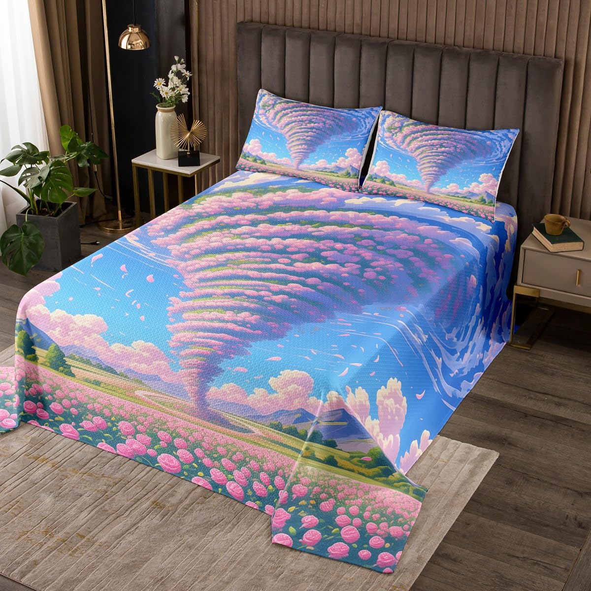 Erosebridal Floral Tornadoes Bedspread Set Queen Size for Girls,Pink Rose Flower Coverlet Set for Kids Teens,Romantic Tornado Bed Set,Watercolor Petals Garden Bedding Set