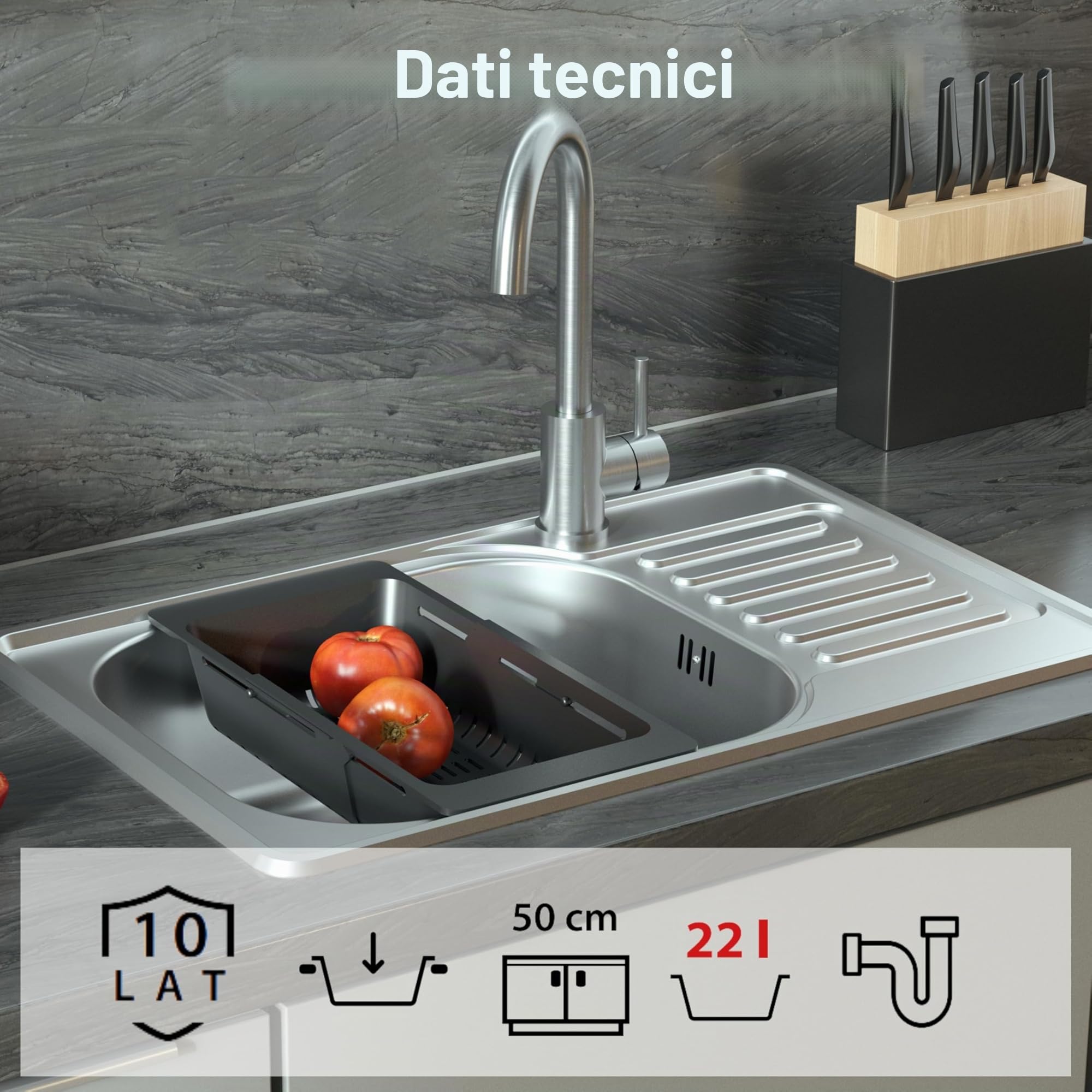 QUADRON Lavello a vasca singola in acciaio inox | Dimensioni 50 cm Colore: Flax | EDDIE Lavello da cucina | Scarico incluso | Il lavello in acciaio inox si inserisce in un mobile di almeno 50 cm