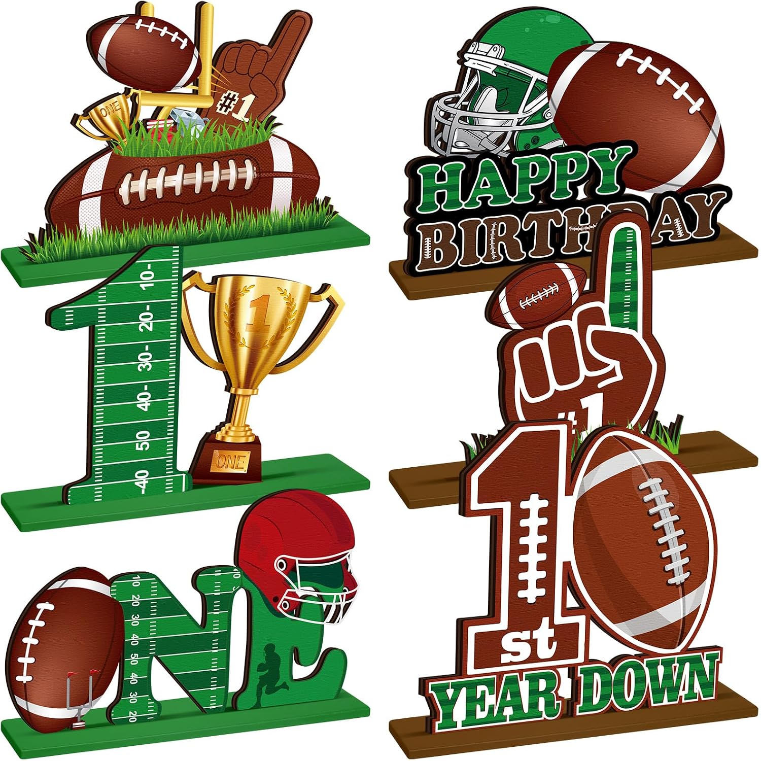 6 Football 1st Birthday Centerpieces,Football,Green Brown Series | Wooden Table Toppers with Stands for Game Day Decorations, First Down Theme with Helmet Trophy Football Field Yard Styles