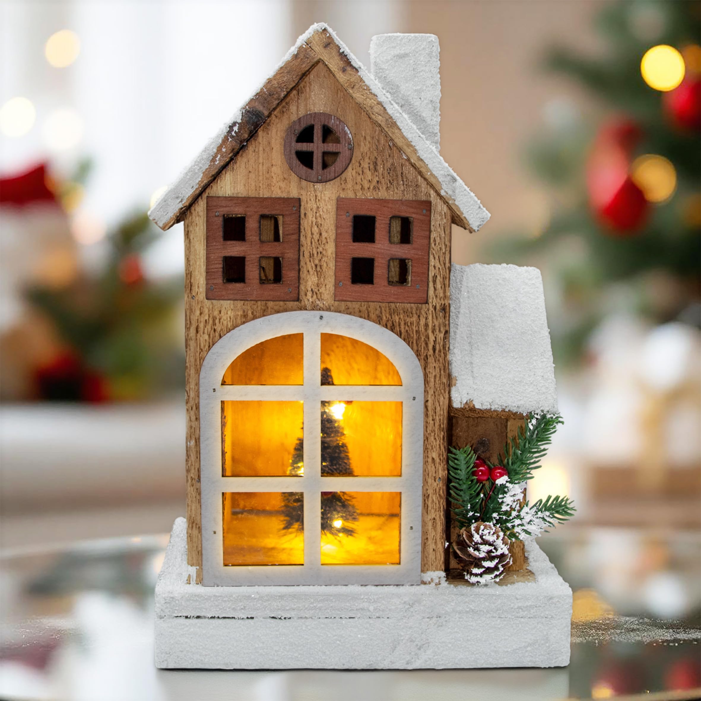 Spetebo LED Holz Weihnachts Haus mit Schneedach - 29 cm