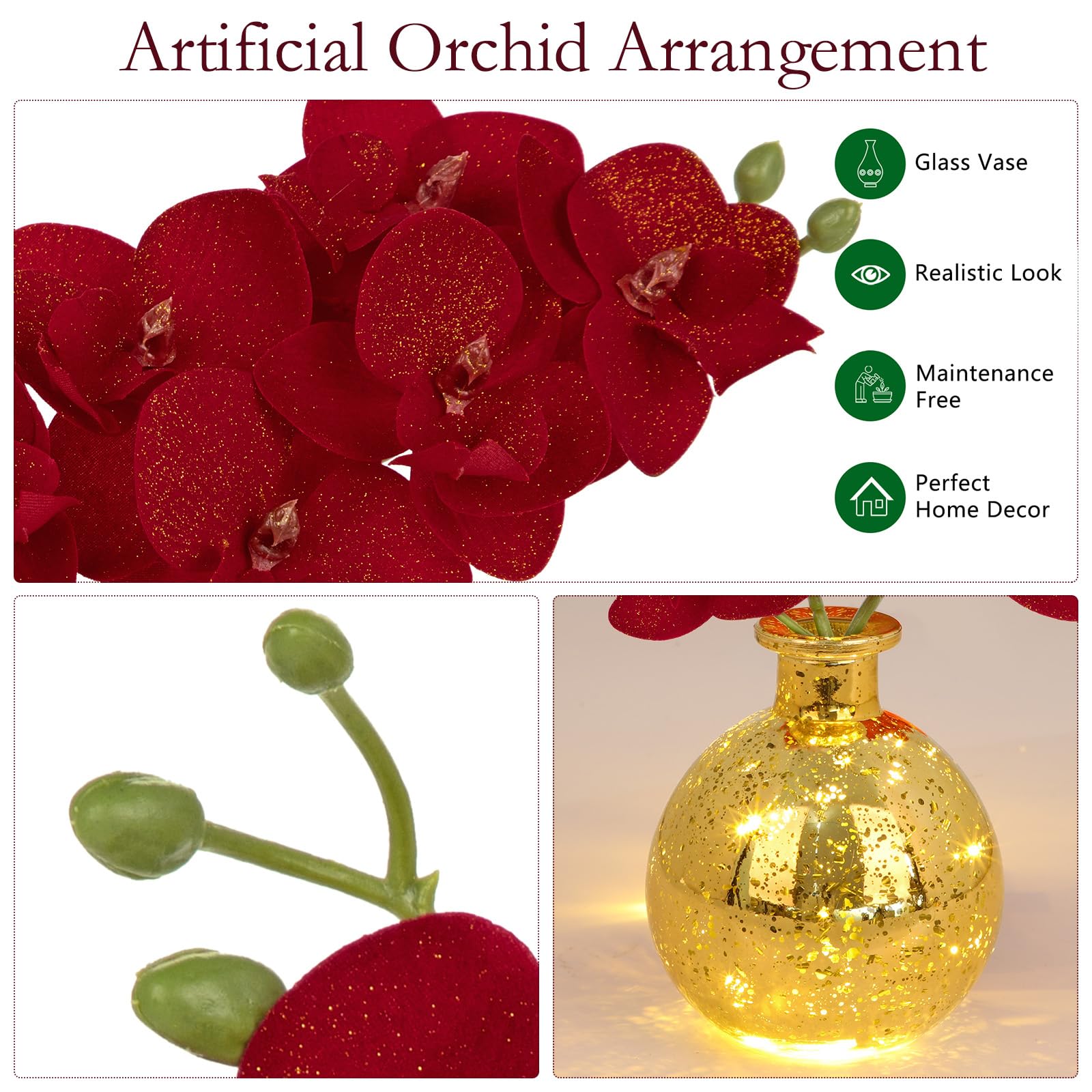 Hollyone 2pcs Artificial Red Velvet Orchid Flower in Vase, Small Fake Orchid Plant with Glass Vase - Image 4