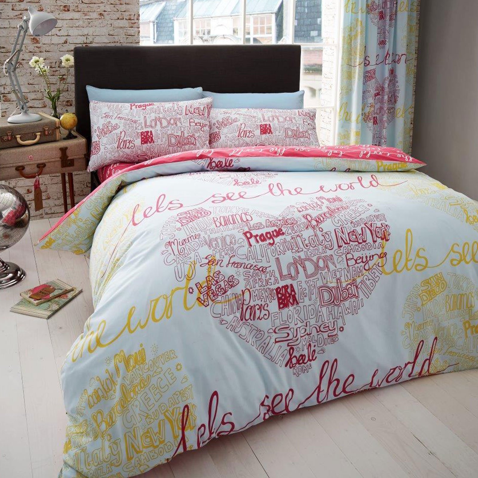 Housse De Couette Just Contempo 'Pink Love' King - Motif Villes Du Monde, 50% Coton 50% Polyester