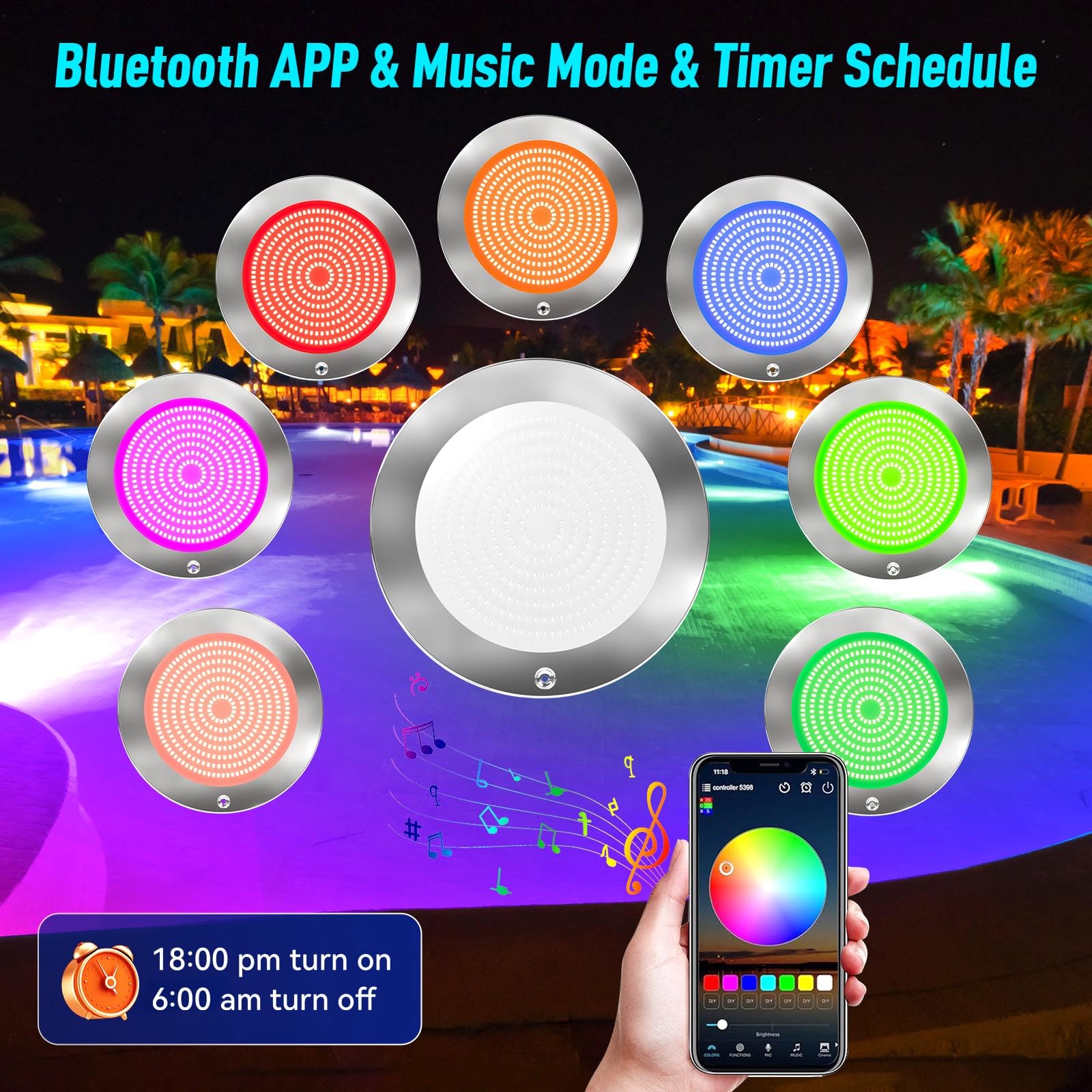 Poolleuchten für Innenpool, 1,8 m, 54 W, 25,4 cm, LED-Innenpool-Licht mit 3 Steuerungsmöglichkeiten (App/Fernbedienung/Controller), Farbwechsel-Unterwasser-Schwimmbad-Licht für 25,4 cm große