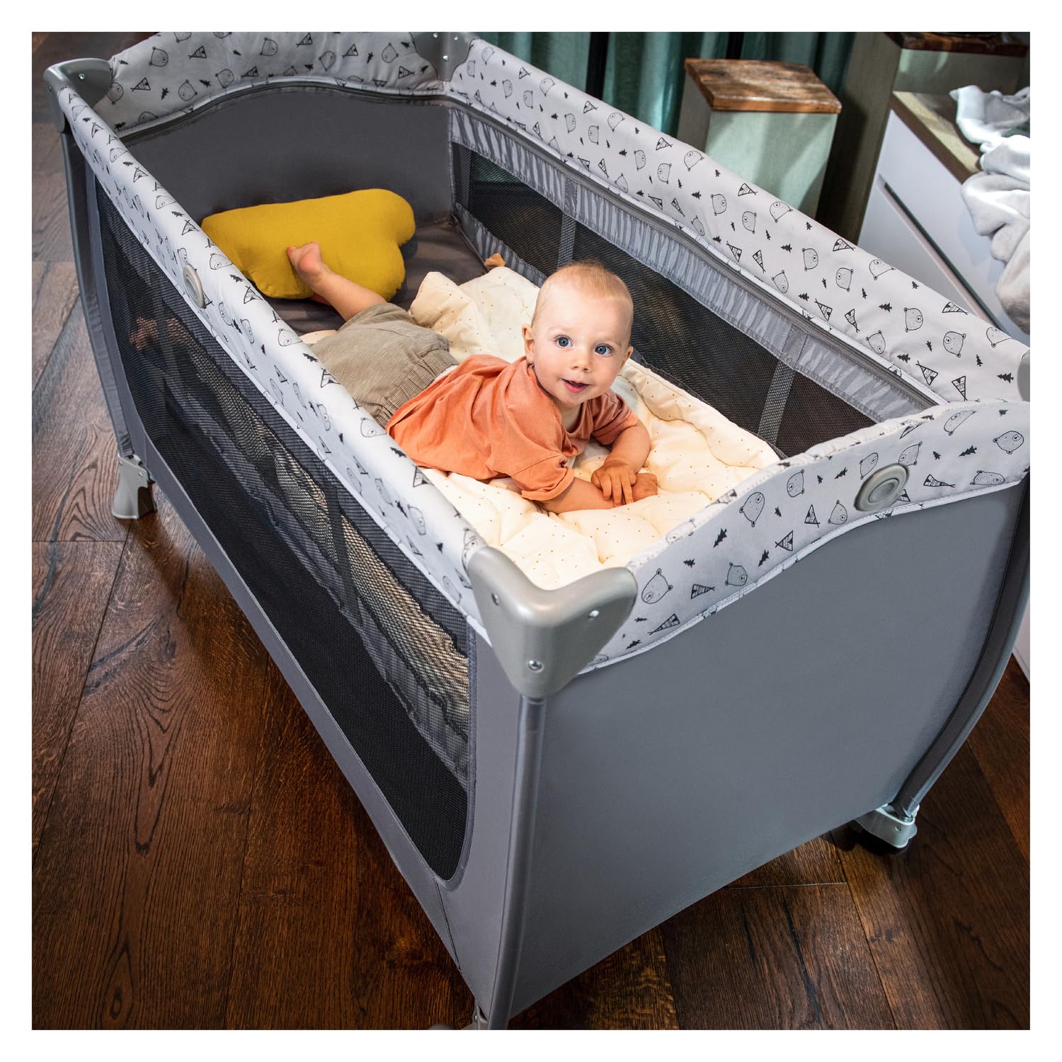 hauck Sleep N Play Center Cuna de Viaje Dos Alturas con Cambiador, Parque Infantil Bebe 120x60 cm, Parque Cuna Bebe, Cuna Viaje con Ruedas - Teddy Gris