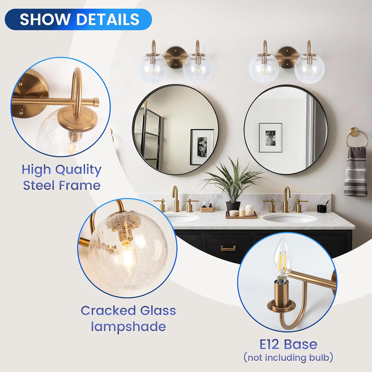 2-Light Bathroom Light Fixtures, Gold Bathroom Lights Over Mirror with Cracked Glass Globe Shade, Modern Vanity Lights for Bathroom Bedroom Living Room Hallway E12 Base(Bulbs Not Included)