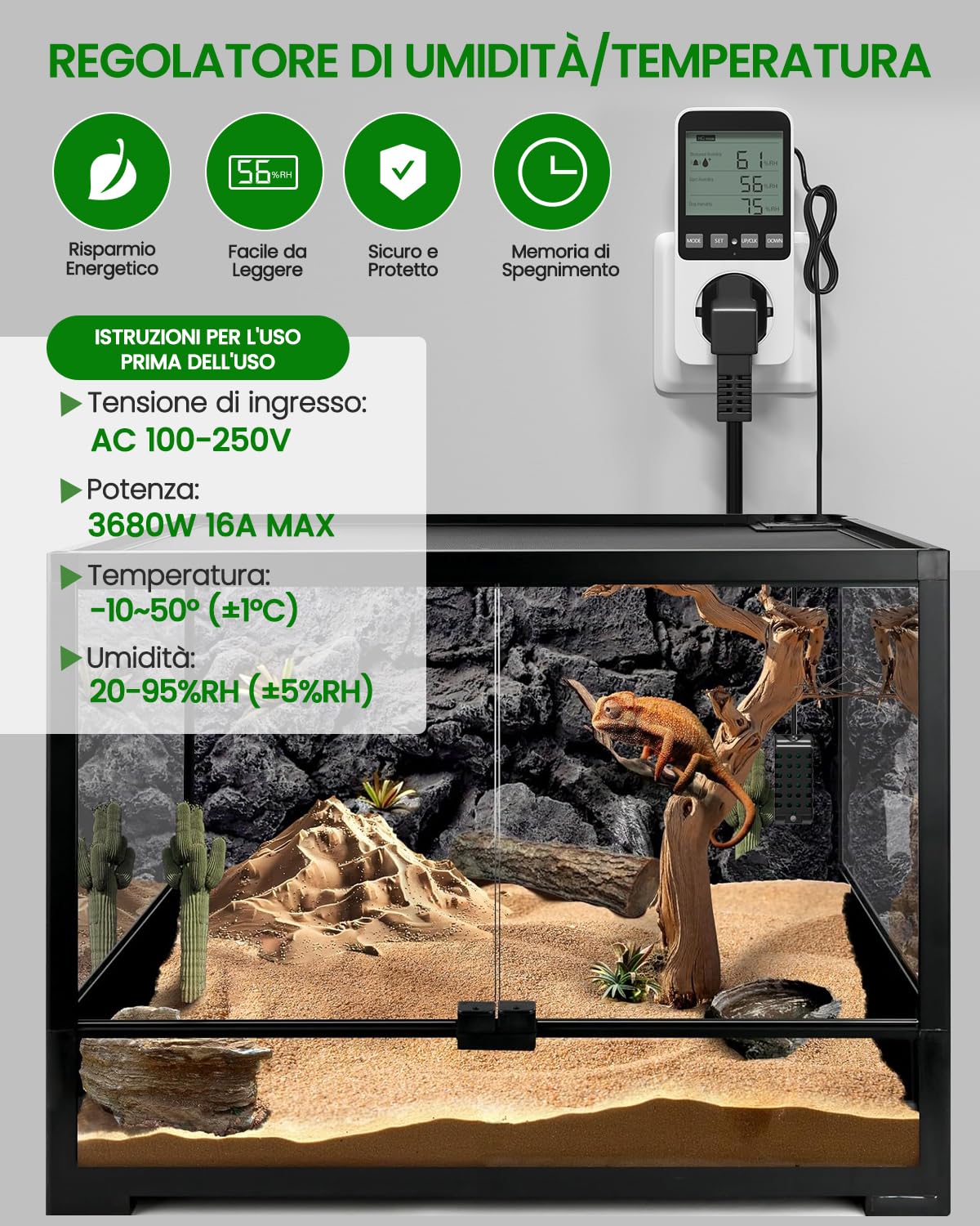 Regolatore di Umidità/Temperatura, Presa con Misuratore di Umidità 230V 16A con Sensore Termoregolatore Digitale con Allarme LCD Display per Rettili,Serra, Acquario, Fungo Riscaldante