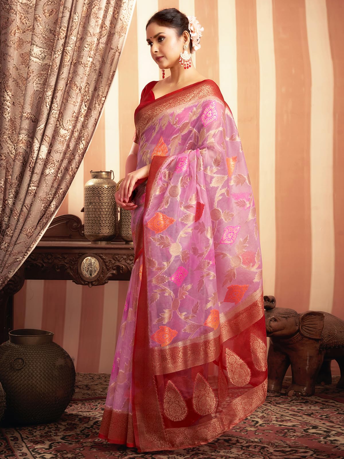 Satrani Women's Organza Banarasi Jacquard Saree With Unstitched Blouse Piece (3926S173N_Light Purple & Red)