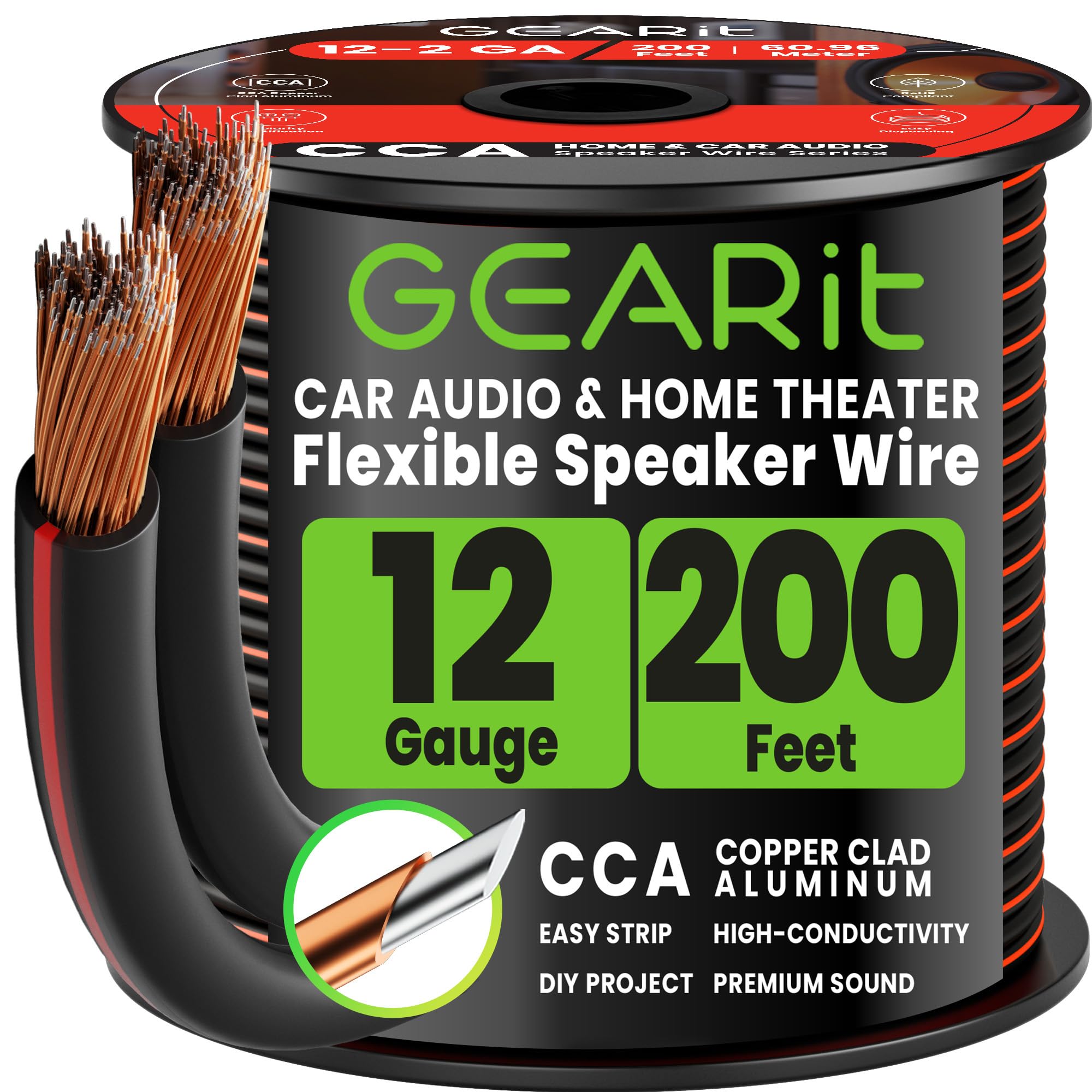 GEARit 12 Gauge Speaker Wire - 200ft, Flexible Speaker Cable with Polarity Markings & Foot Markers,12/2 Conductor Audio Cable for Home Theater, Car Audio Stereo, HiFi Surround Sound, 12AWG CCA(Black) 12AWG / 200 Feet Black