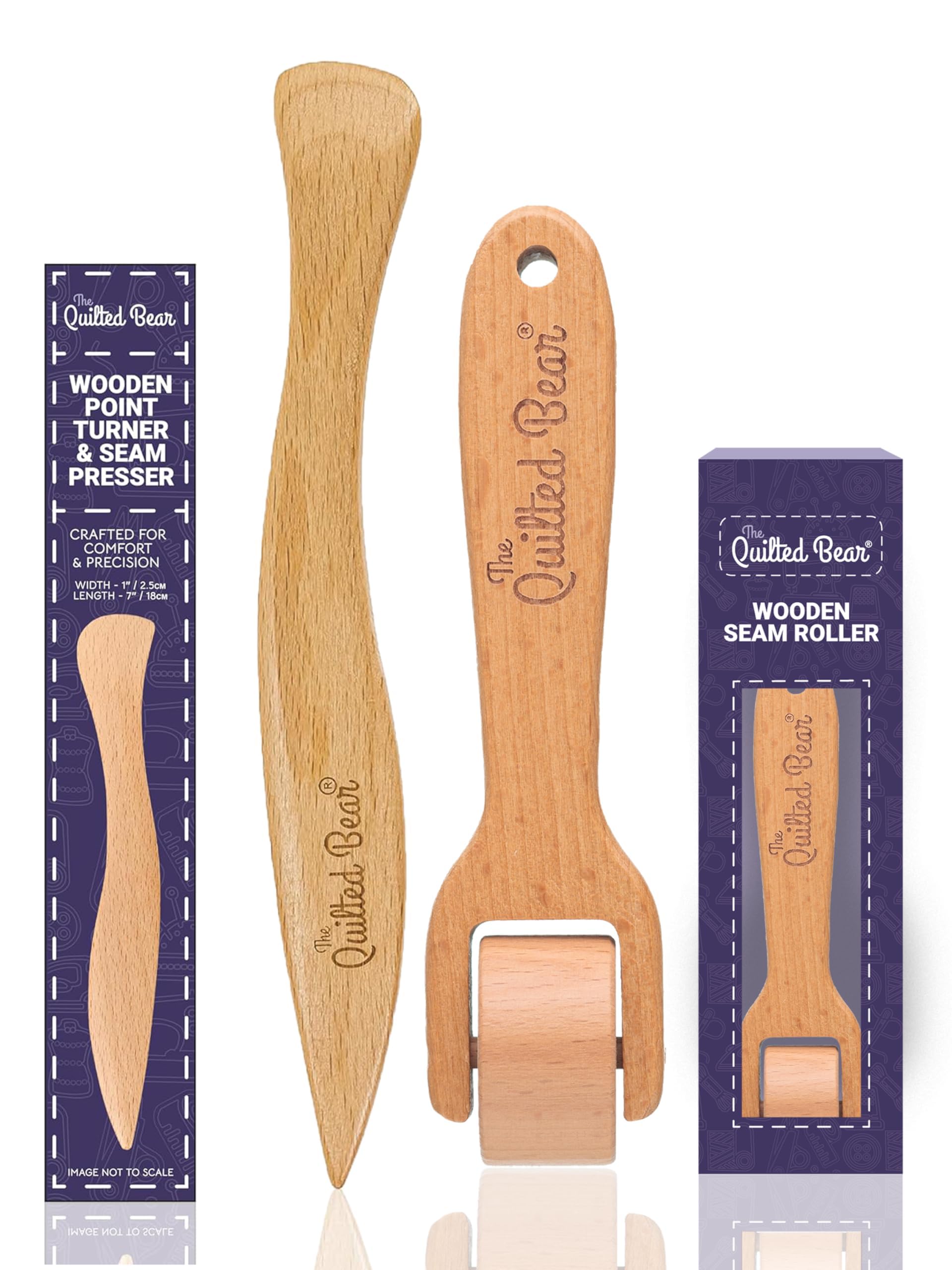The Quilted Bear Wooden Point Turner & Seam Roller - Ergonomic Point Turner & Seam Roller Sewing Tool for Crisp Corners, Curved Edges & Seam Marking, Durable Wooden Turning Tool for Sewing & Quilting