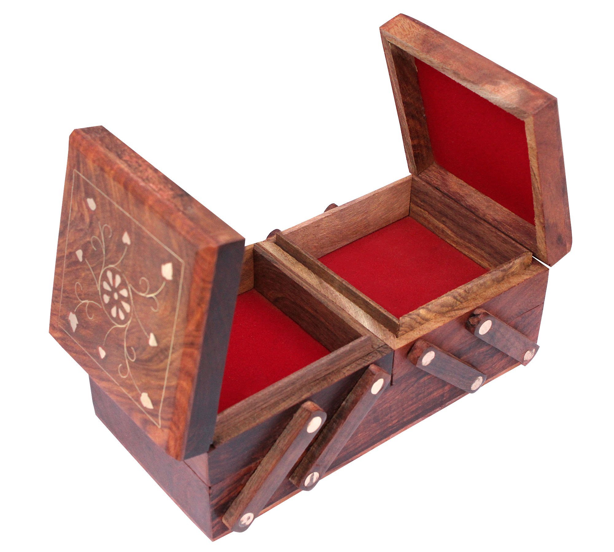 ITOS365 Wooden Jewellery Box for Women - with Brass Inlay On Top | Handmade Jewellery Storage Ogranizer with Multiple Compartments & Carvings | Birthday & Aniversary Gift - 8 Inches