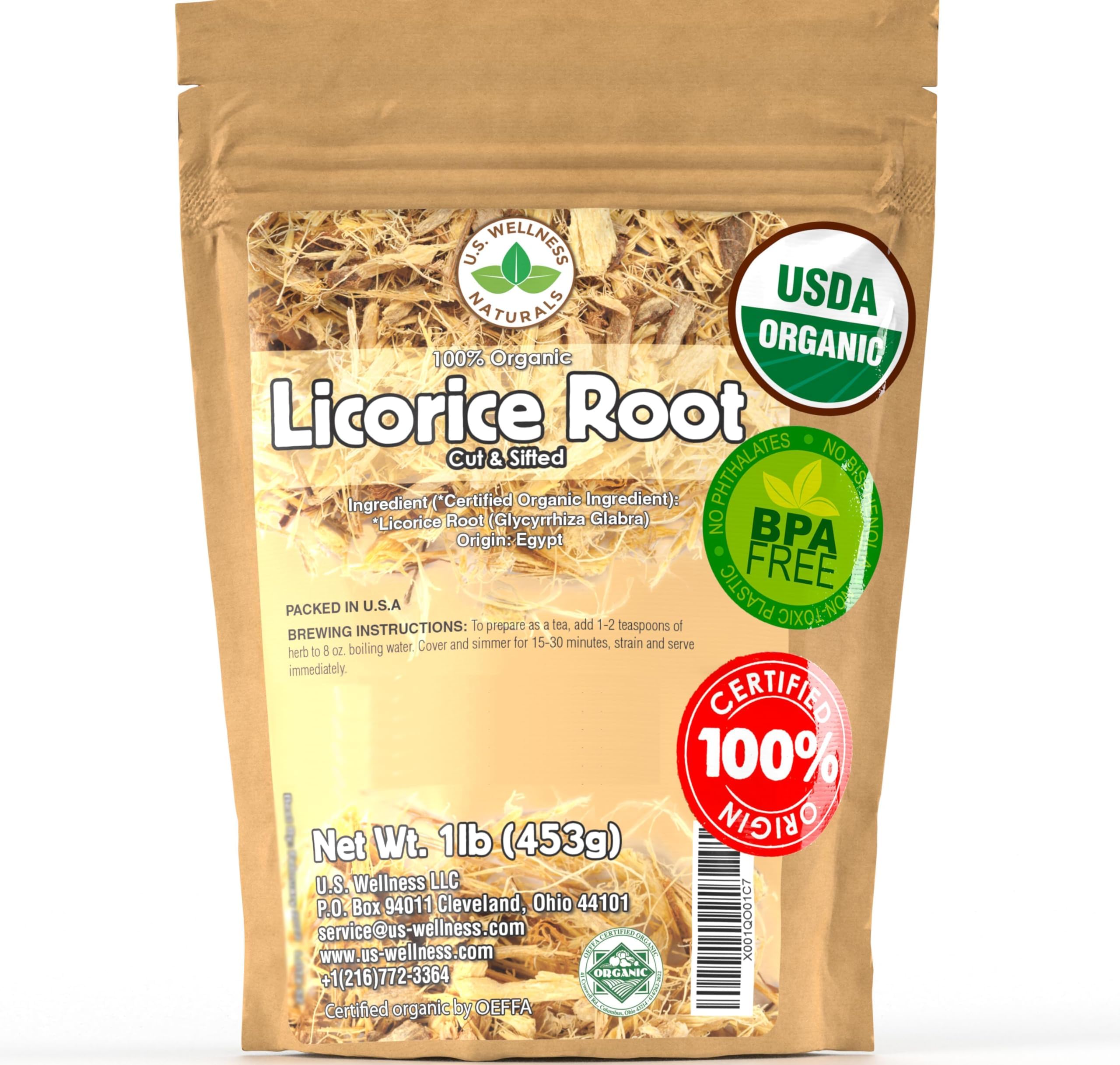 Licorice Root Tea 1LB (16Oz) 100% CERTIFIED Organic Licorice Root Cut and Sifted (Glycyrrhiza glabra), in 1 lbs. Bulk Resealable Kraft BPA free Bags from U.S. Wellness Naturals