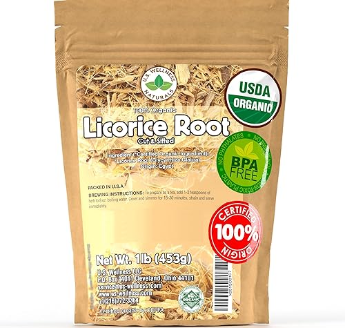 Té de raíz de regaliz 1 libra 16 onzas 100 certificado de raíz de regaliz orgánico cortado y tamizado Glycyrrhiza glabra en 1 libra Bolsas de Kraft