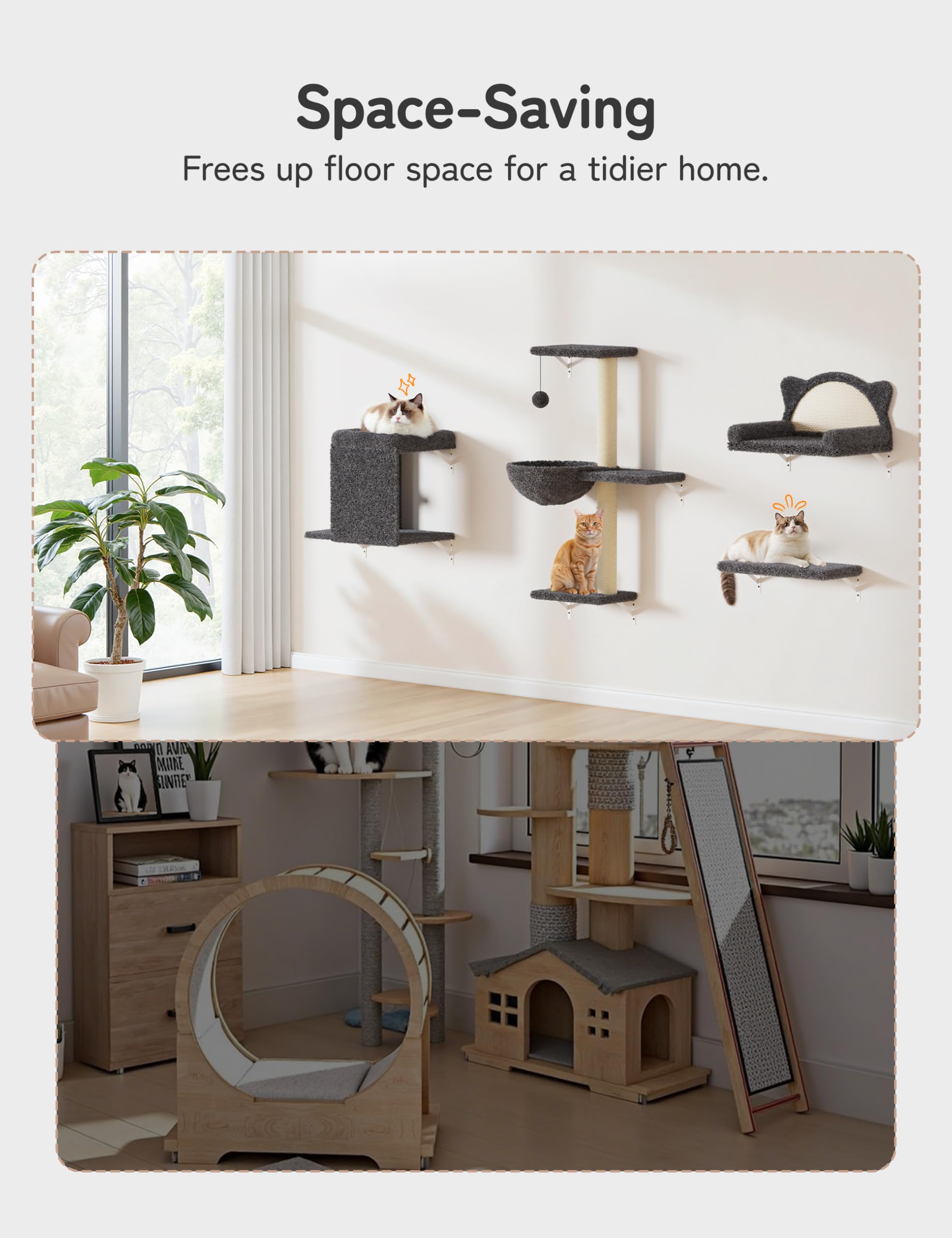 Katzenwandregale aus Holz, 5-in-1, modernes Kletterwandmöbel-Set für Katzen mit Kratzstämmen, Katzenbett & Sofa, platzsparende Sitzstange für 40,6 cm Trockenbau, Grau