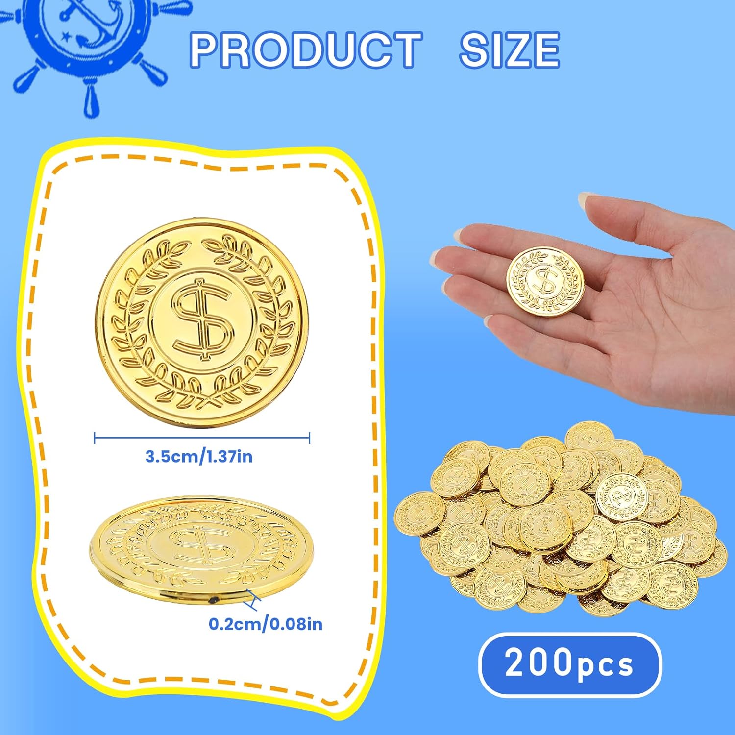 200 Pcs Plastic Gold Coins, 1.37 Inch Fake Coins Pirate Coin Tokens, Pirate Party Decorations Teacher Classroom Reward Adventure Theme Party Supplies