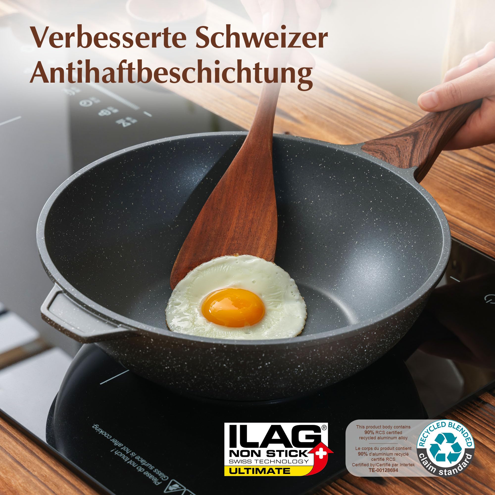 SENSARTE 28cm Schweizer Granit Beschichtung Antihaft Tiefe Wokpfanne | Antihaft Pfanne, Gesunde Steinpfanne Kochgeschirr Kochpfanne, Induktion Geeignet, Kühlbleibender Griff, Für Alle Herdarten