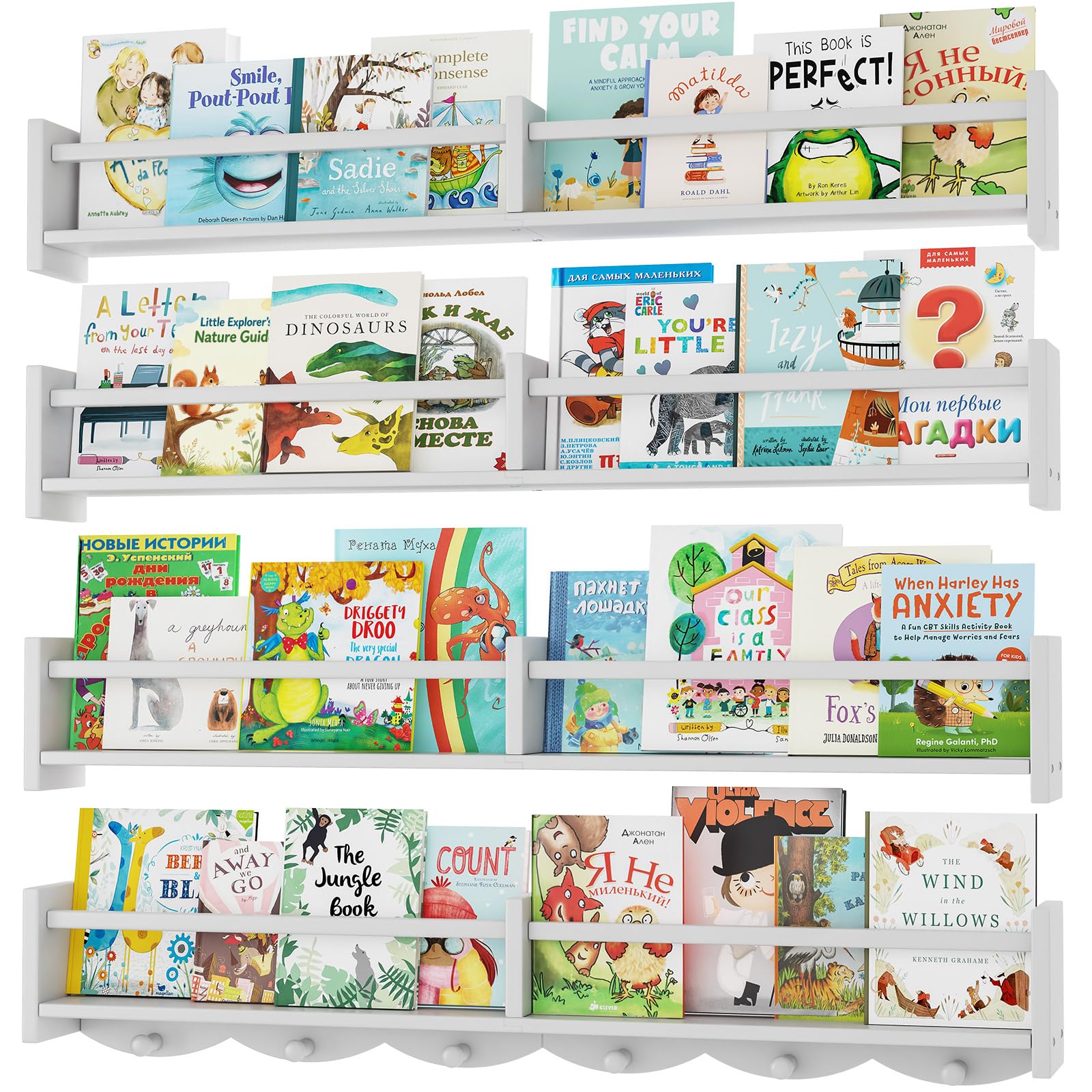 Photo 1 of ECOOCE 34Inch Nursery Bookshelves,Set of 4,Wall Floating Shelf Kids Coat Rack with 6Hooks,Hanging Book Shelf for Baby Nursery Room Décor ?Patent Number: 29958098(White, 34)