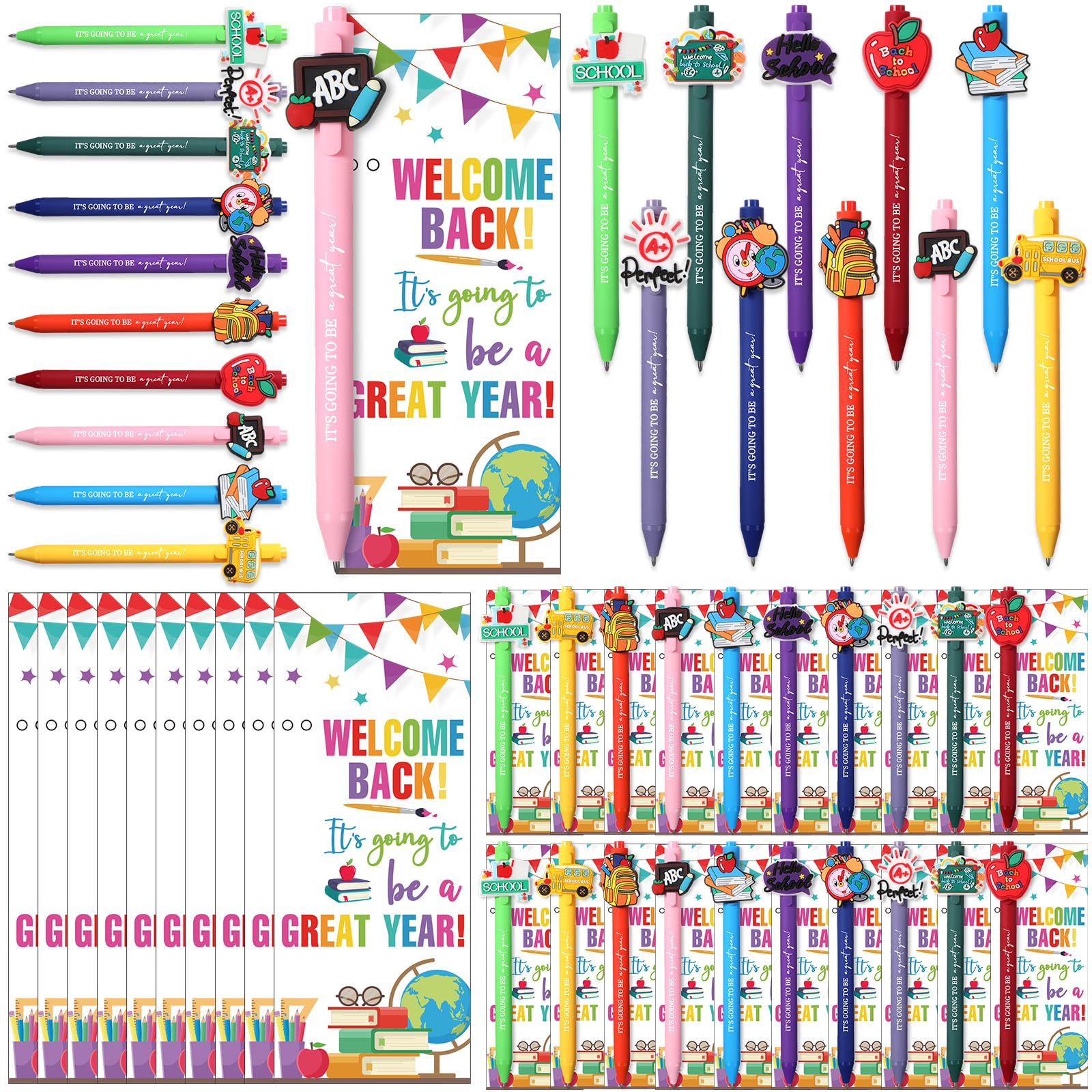 MotiMind 100 Sets Schulanfangsgeschenke, Großpackung zum Schulanfang, Schreibwaren, Geschenke enthalten niedliche Kugelschreiber, inspirierende Grußkarten für Lehrer, Studenten, Klassenzimmer