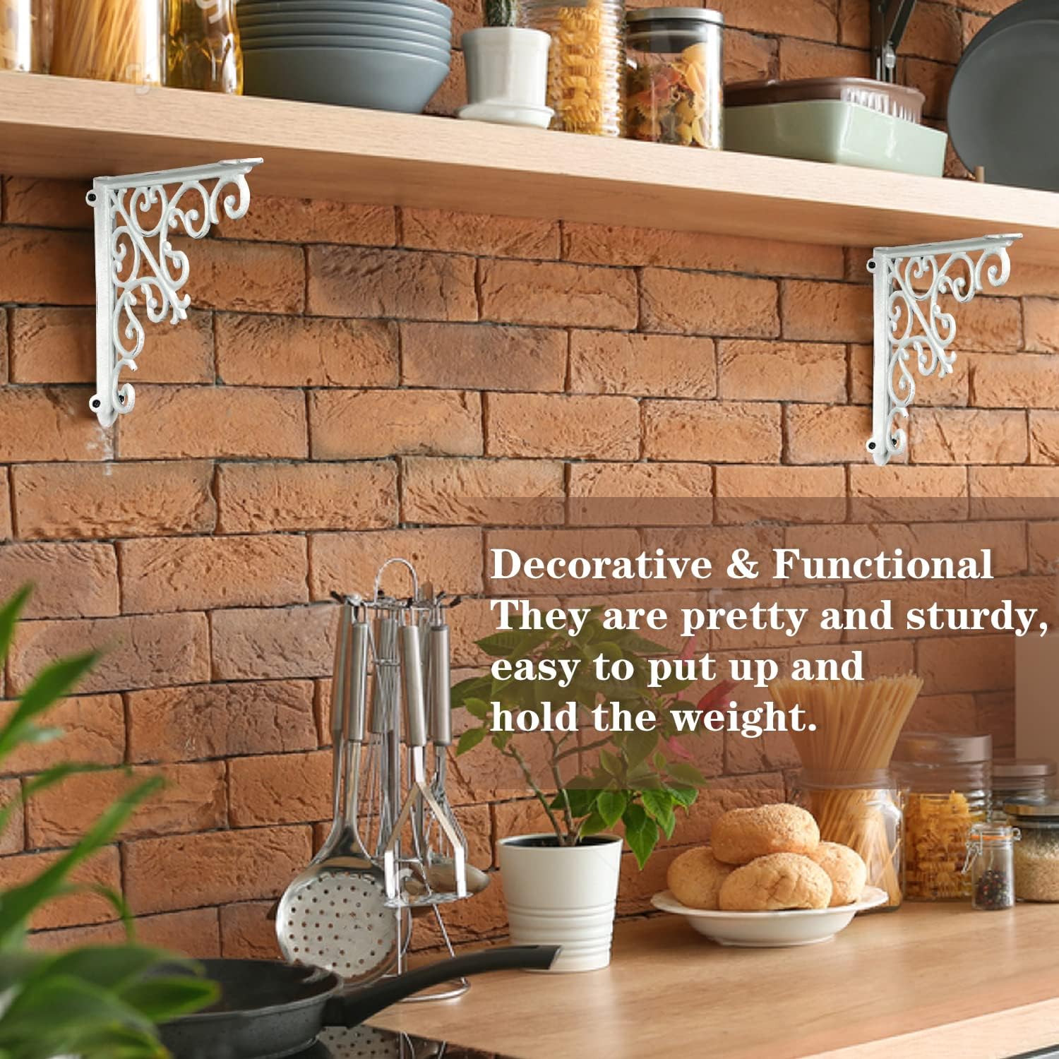 Sungmor 2PC 7.1 Inch Heavy Duty Decorative Brackets for Shelves, Vintage Victorian Cast Iron Shelf Bracket, Sturdy White L Shape Metal Corner Brace Shelf Supporter, Wall Mounted Floating Shelf Bracket