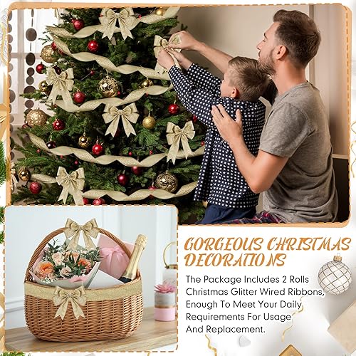 Miniatura 4 de 2 rollos de cinta de Navidad de 20 yardas con alambre de cinta gruesa metálica con alambre para envolver regalos, cinta de árbol de Navidad para