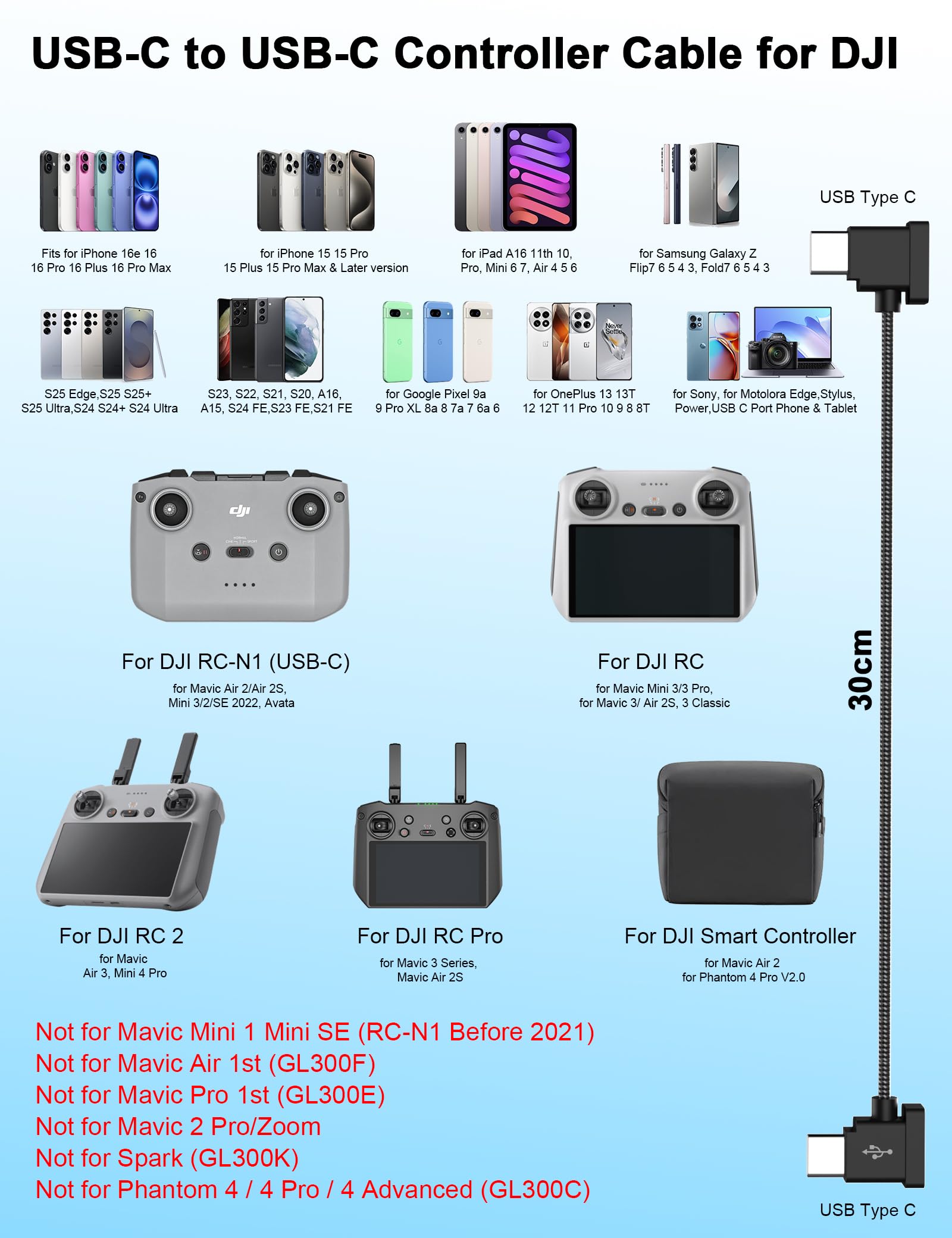 Cavo controller da USB C a USB C per drone DJI, 3 m, cavo intrecciato | Cavo telecomando per Mavic 3/Mini 4 Pro SE Air 2 2S/RC-N1 N2 N3 per iPhone 17 Pro Max 16 15/Samsung A17 A16 S26 Ultra