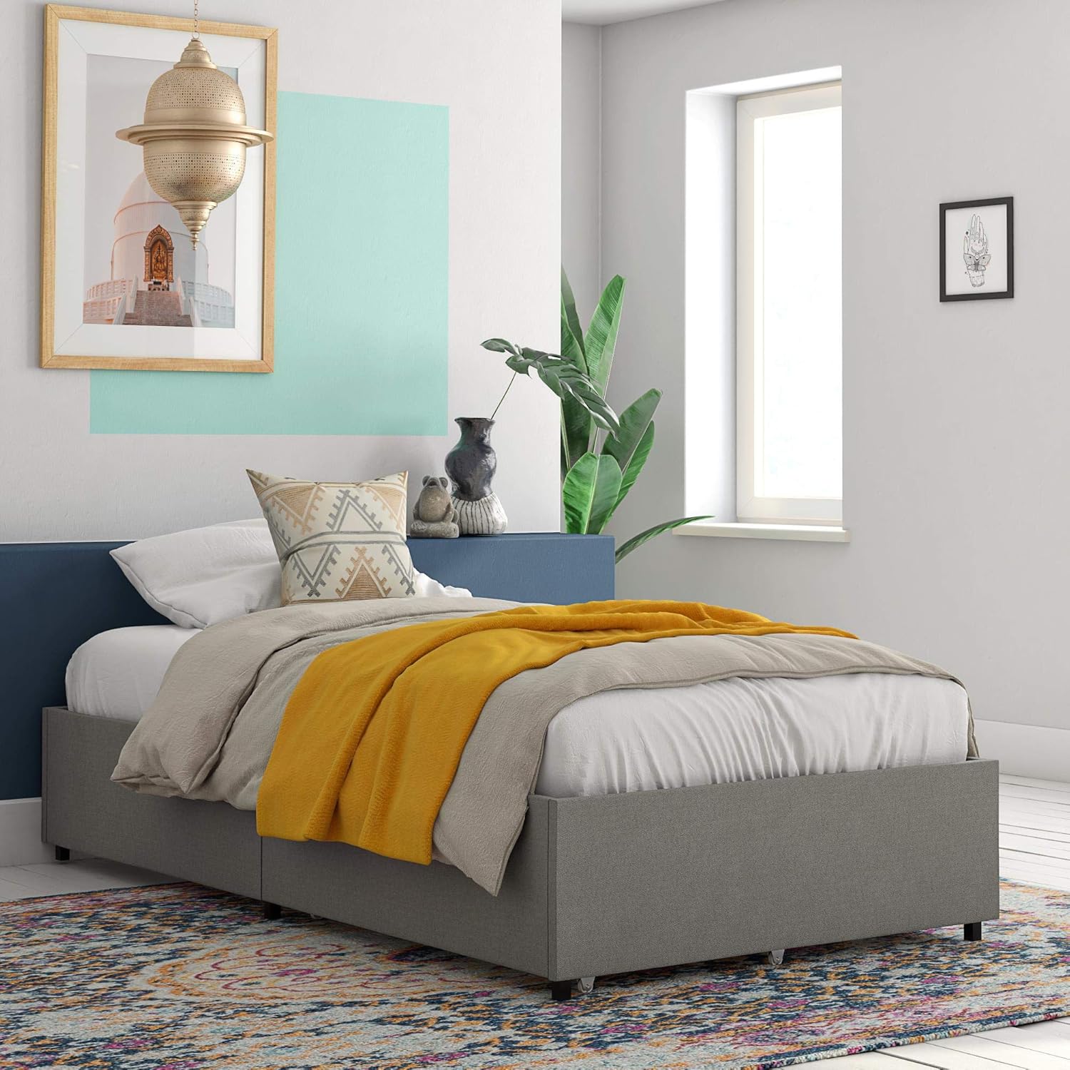 REALROOMS Alden Twin Platform Bed with the under-bed storage drawer fully closed, demonstrating its integrated design.