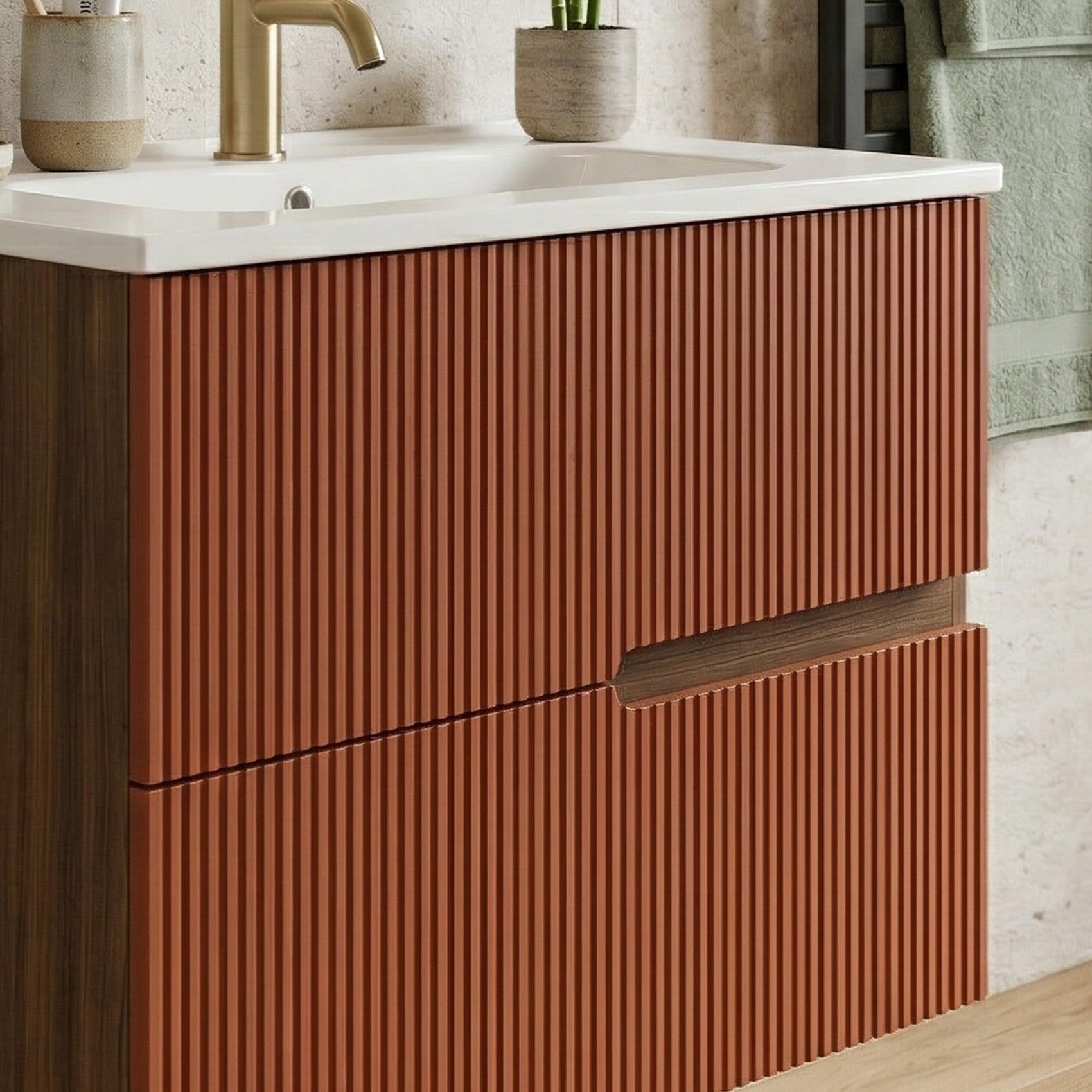 SANIVERRE Ensemble Meuble Simple Vasque L.80cm + 1 Colonne à Suspendre Chêne Moka 2 tiroirs Brique cannelé Collection Salle de Bain EVA