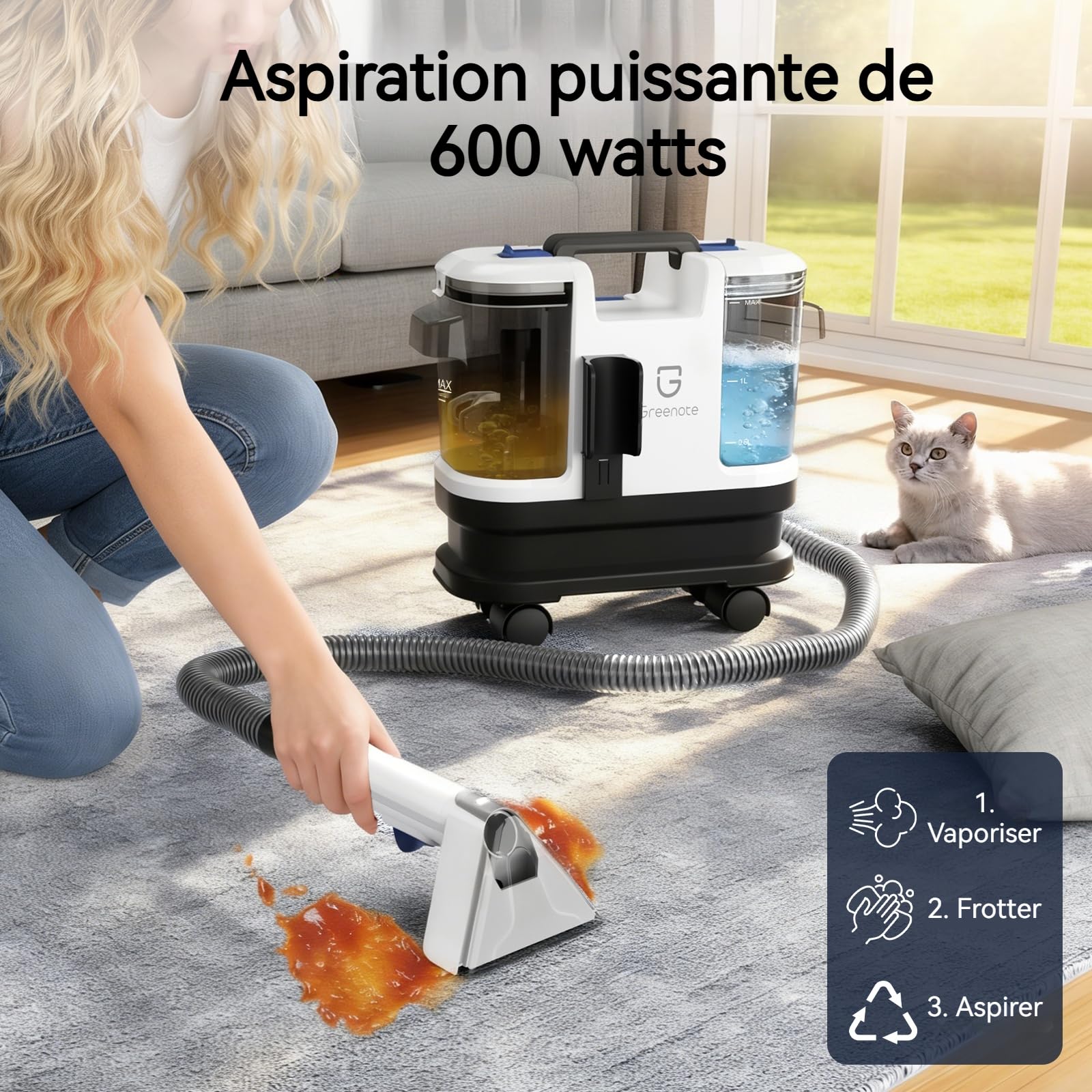 Greenote Nettoyeur de Tapis 600W, 4 Roues Pivotantes pour une Maniabilité Exceptionnelle, Rangement Compact, Réservoirs 1,8L/0,8L, Flexible 1,5m et Câble 5m,Nettoyage des canapés et des voitures