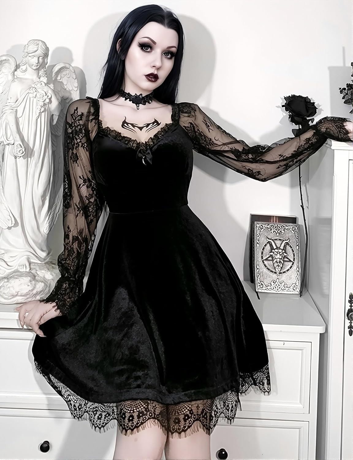 LANSHULAN Lace Long Sleeve Dress Black Draped Bodycon Goth Vintage Dresses Clothes - Image 2