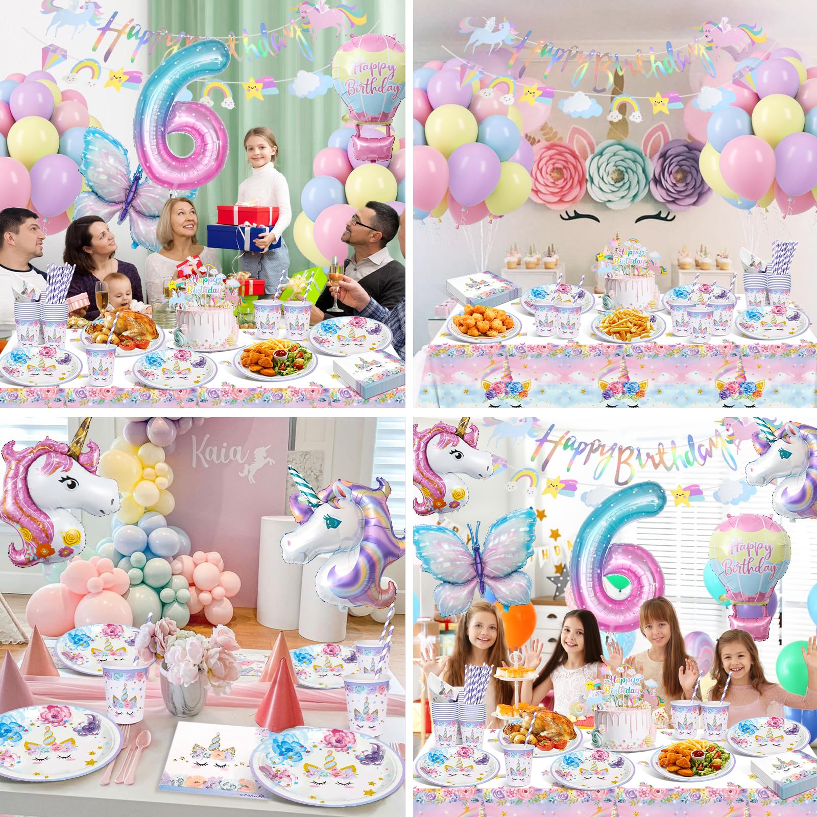 Stoviglie per Feste, Unicorno Palloncini Decorazioni Compleanno 6 Anni con Farfalla Palloncini, Decorazioni Unicorno Compleanno per 6 Anni Ragazze 16 Ospiti