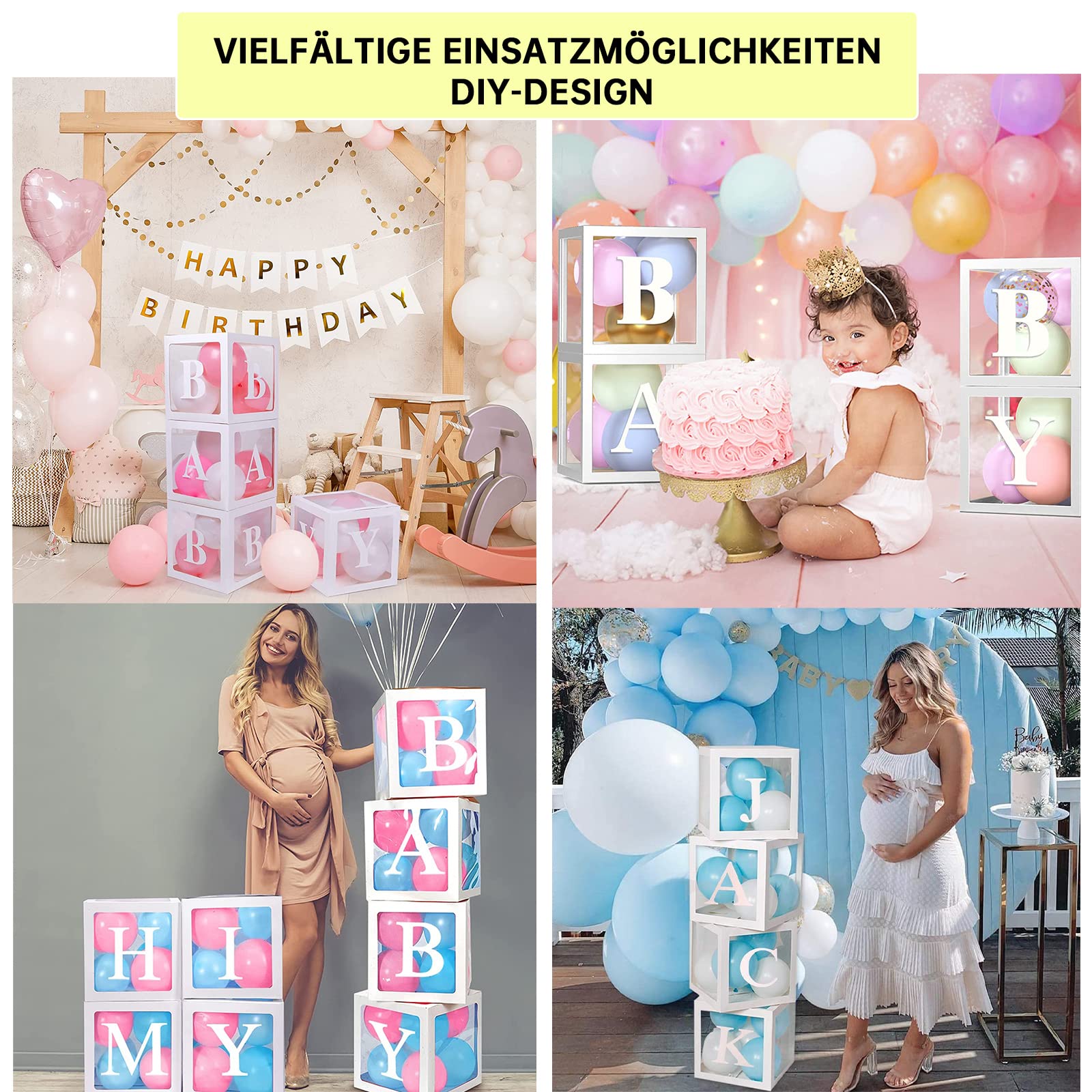Lot De 4 Boîtes à Ballons Transparentes Avec Lettres A-Z - Décoration Fête Prénatale, Mariage - 30x30x30cm