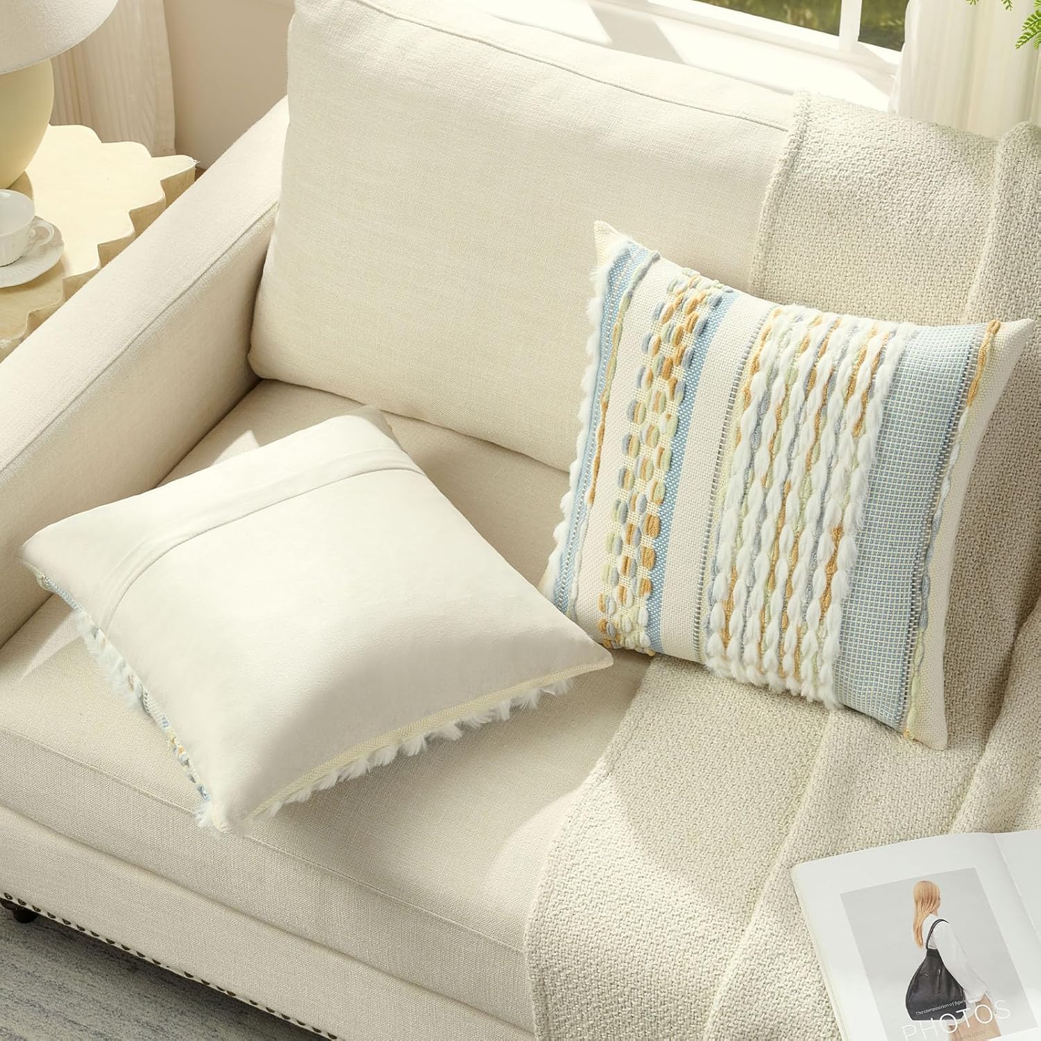 FUTEI Blue Light Green Yellow Accent Throw Pillow Covers Set of 2, 18x18 Inch Plush Tufted Striped Textured Decorative Cushion Cases for Farmhouse Boho Couch Decor