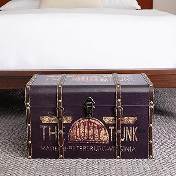 Household Essentials Large Decorative Storage Trunk with Vintage Decoupage, Leather and Metal Accents, Green and Black Finish
