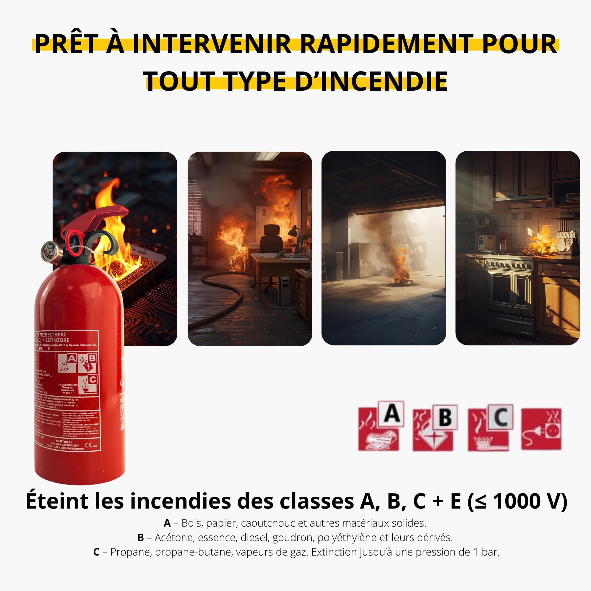 2X Extincteur ABC 1KG | Extincteurs Incendie à Poudre pour Voiture, Maison, Bateau, Camping Car, Auto, Cheminée, Moto | Groupe de Feu A B C | Garantie de 3 Ans | Facile à Installe